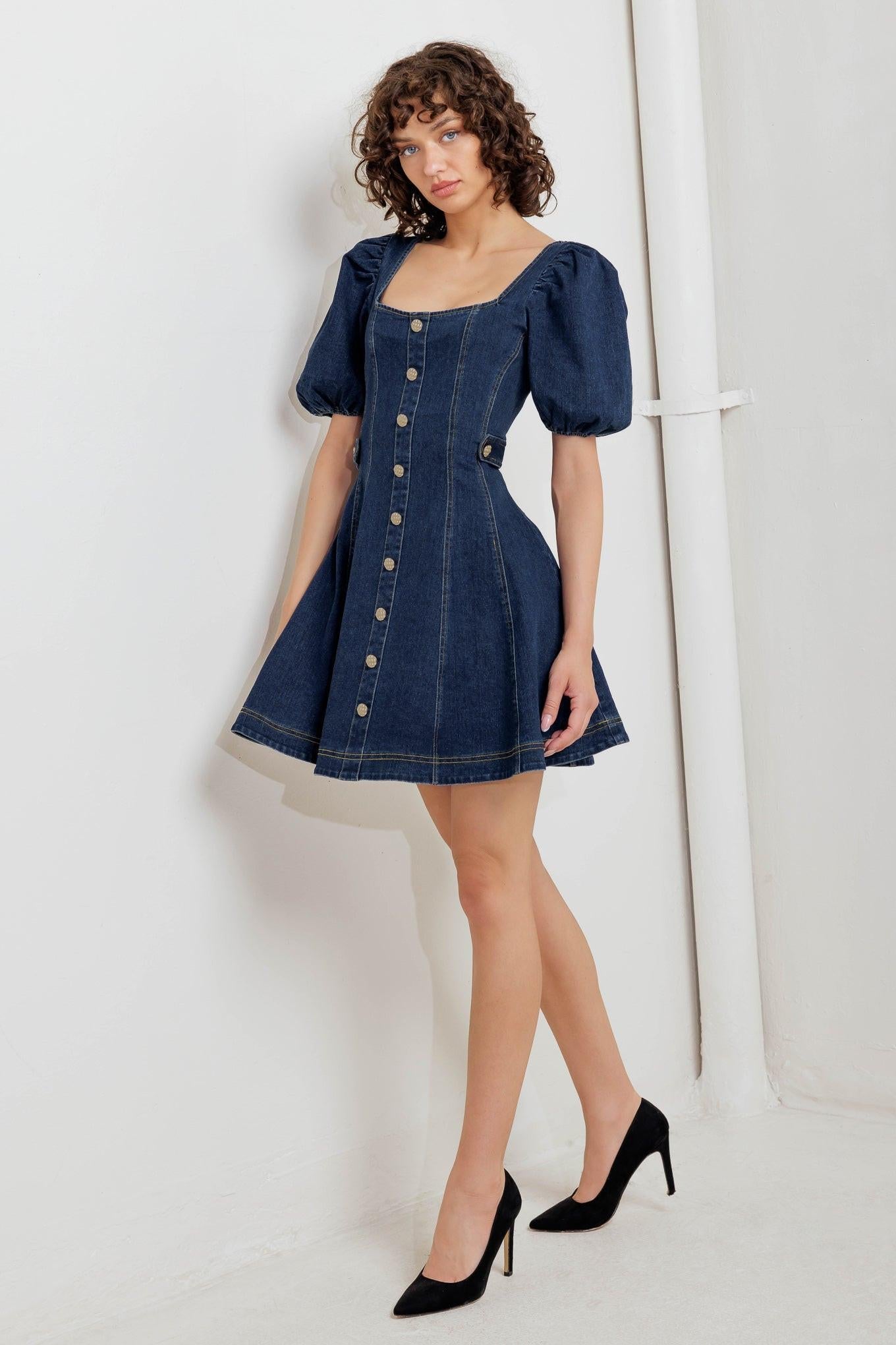Puff & Play Denim Mini Dress in indigo, view 2 — Soul Flow Apparel