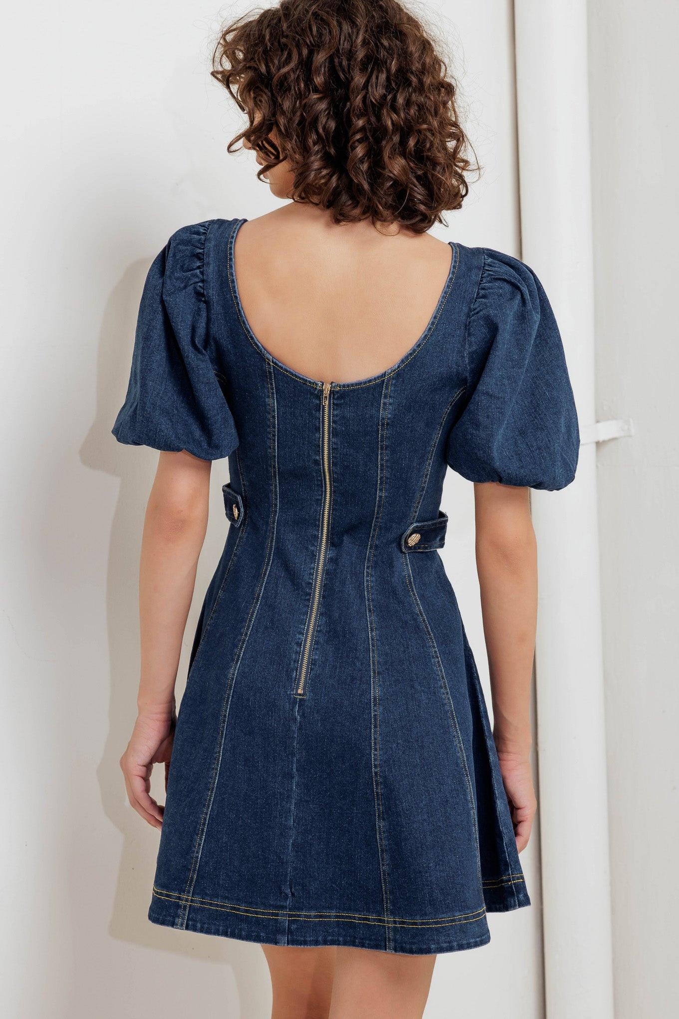 Puff & Play Denim Mini Dress in indigo, view 3 — Soul Flow Apparel