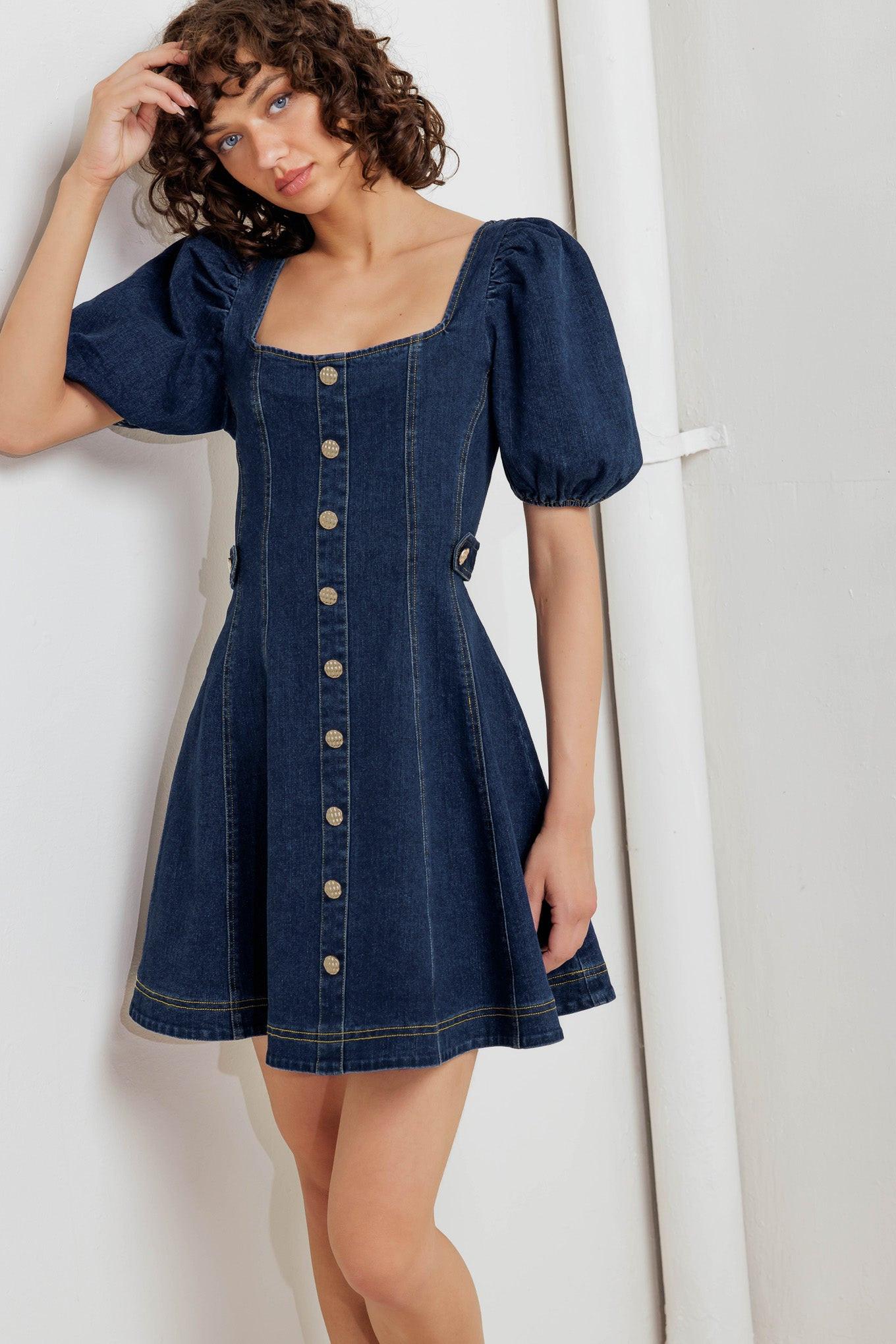Puff & Play Denim Mini Dress in indigo, view 4 — Soul Flow Apparel