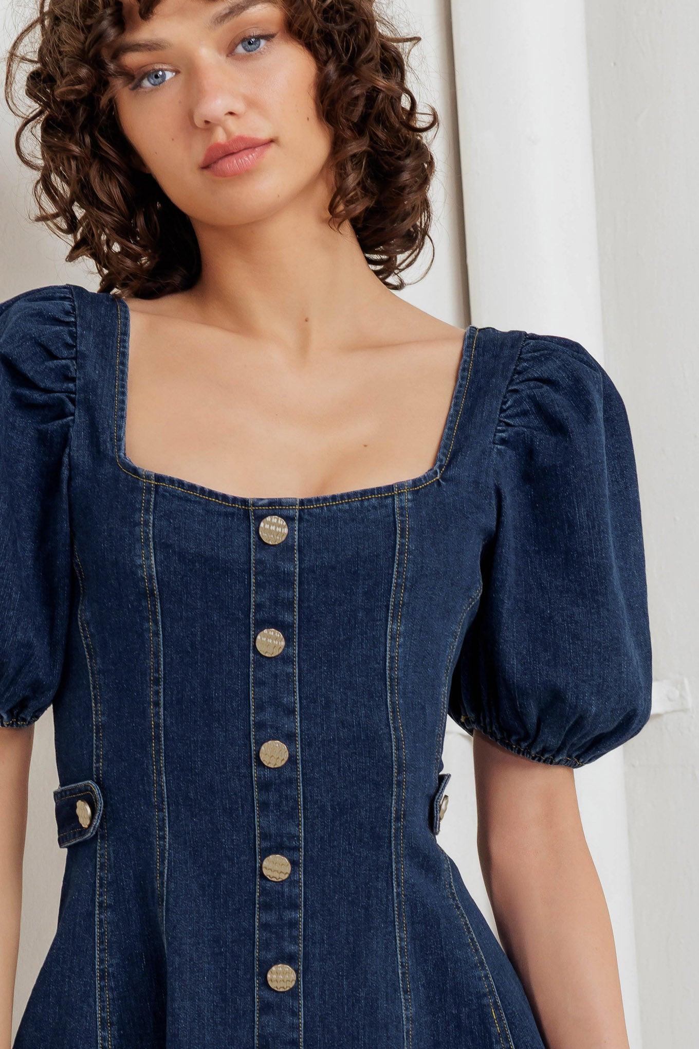 Puff & Play Denim Mini Dress in indigo, view 5 — Soul Flow Apparel