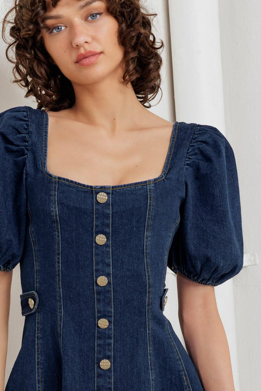 Puff & Play Denim Mini Dress in indigo, view 5 — Soul Flow Apparel