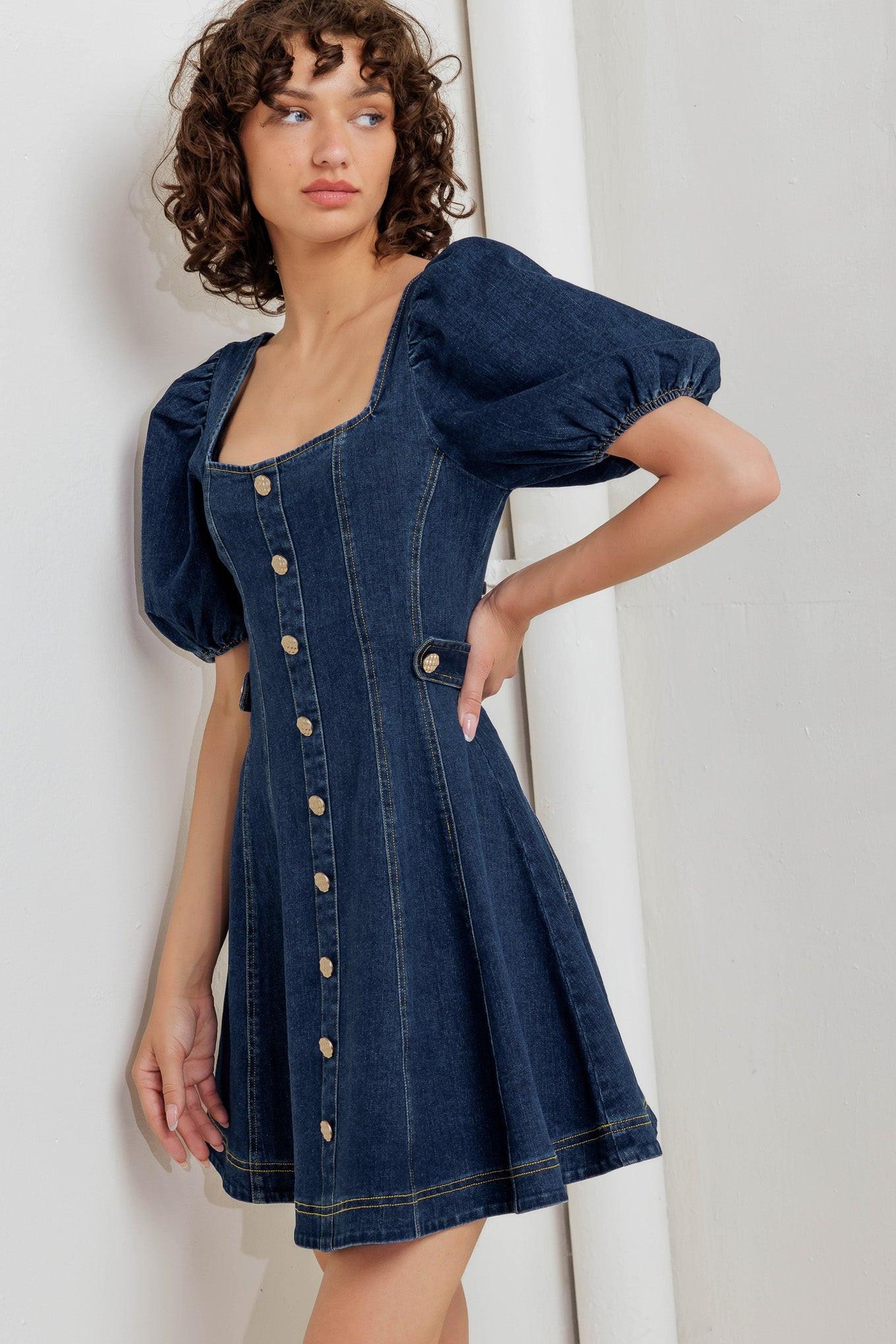 Puff & Play Denim Mini Dress in indigo, view 6 — Soul Flow Apparel