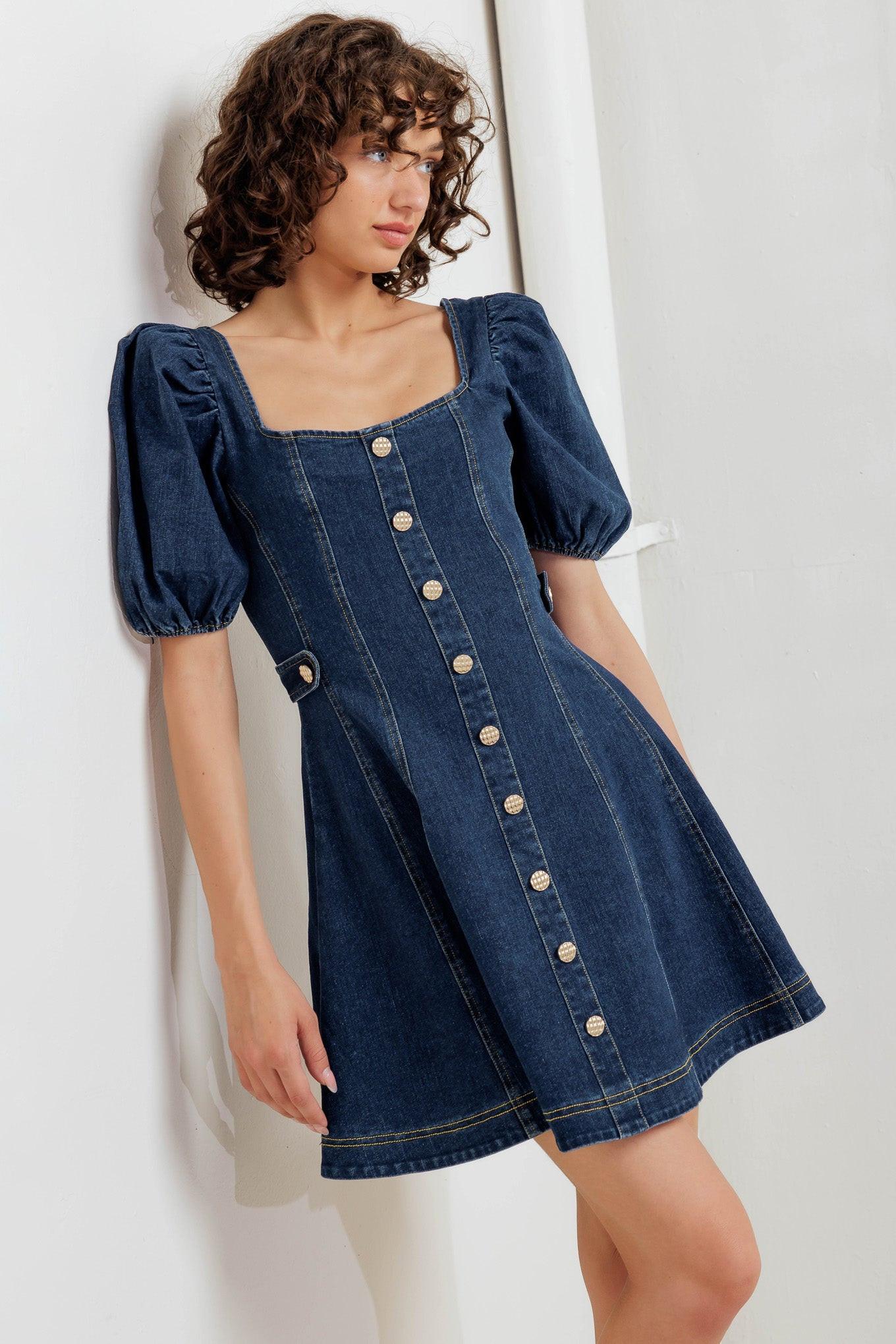 Puff & Play Denim Mini Dress in indigo, view 7 — Soul Flow Apparel