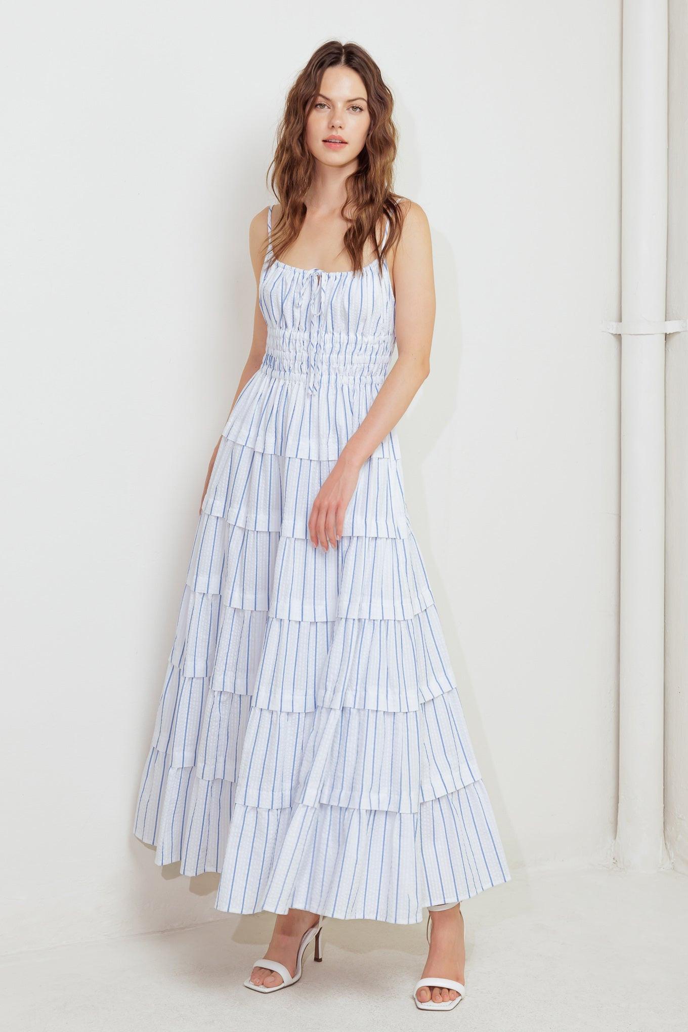 Breeze Note Woven Midi Dress in white blue, view 1 — Soul Flow Apparel