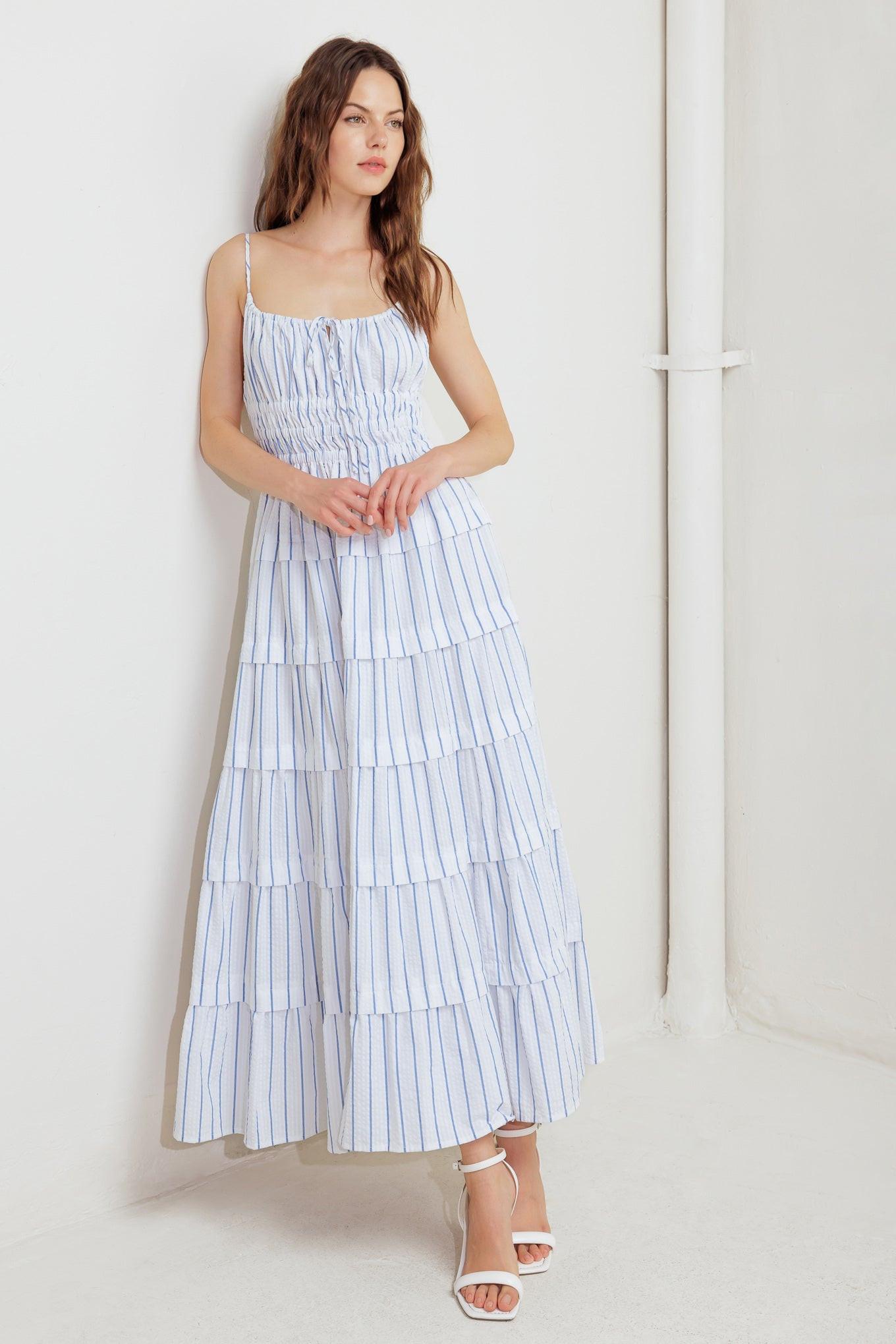 Breeze Note Woven Midi Dress in white blue, view 2 — Soul Flow Apparel