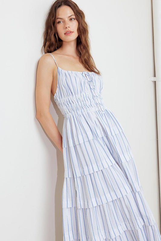 Breeze Note Woven Midi Dress in white blue, view 3 — Soul Flow Apparel