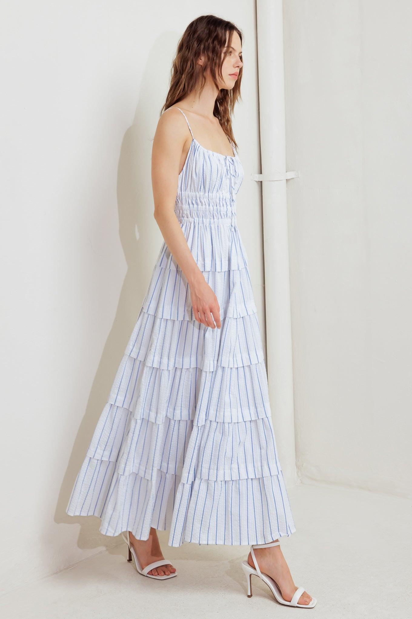 Breeze Note Woven Midi Dress in white blue, view 4 — Soul Flow Apparel