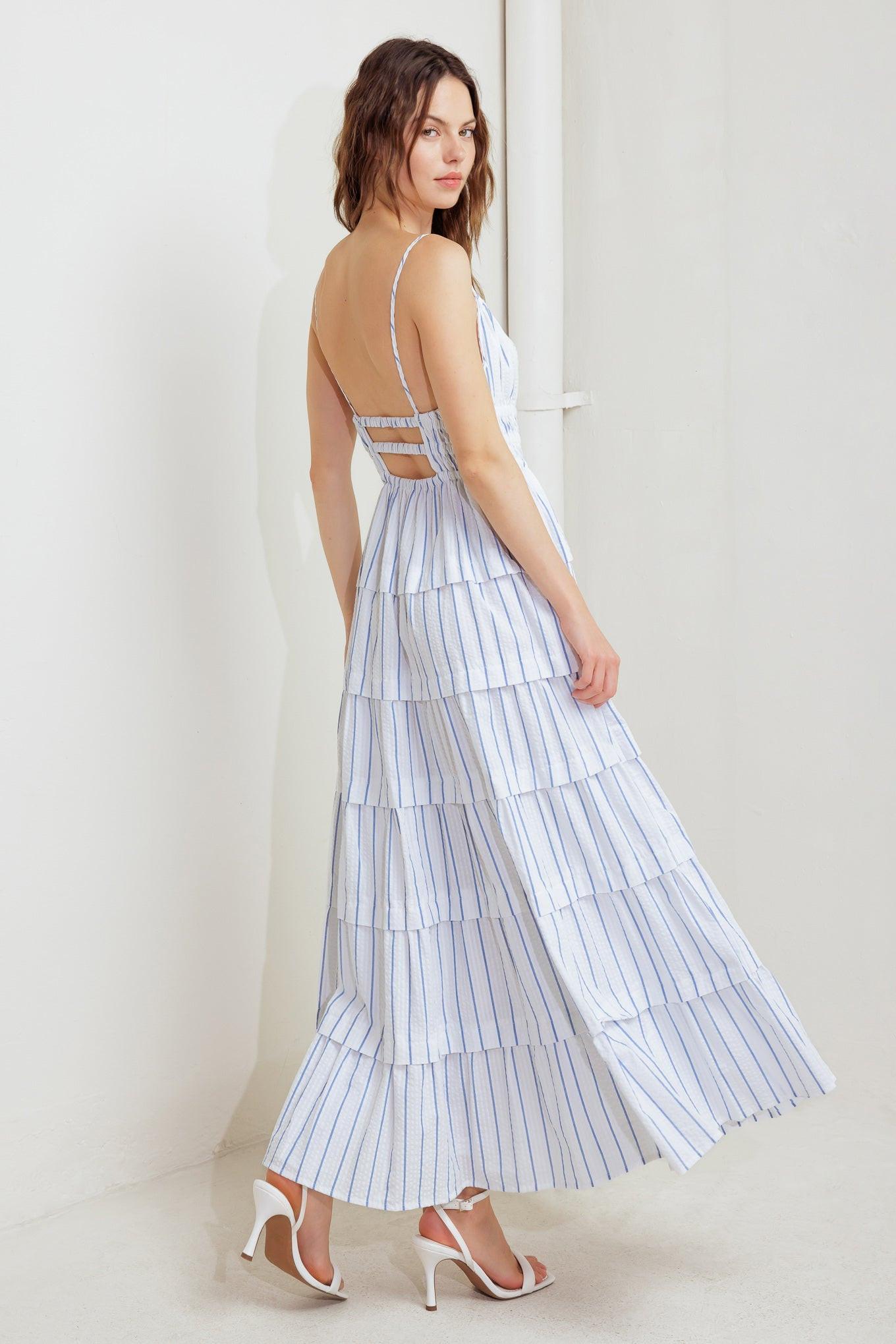 Breeze Note Woven Midi Dress in white blue, view 5 — Soul Flow Apparel
