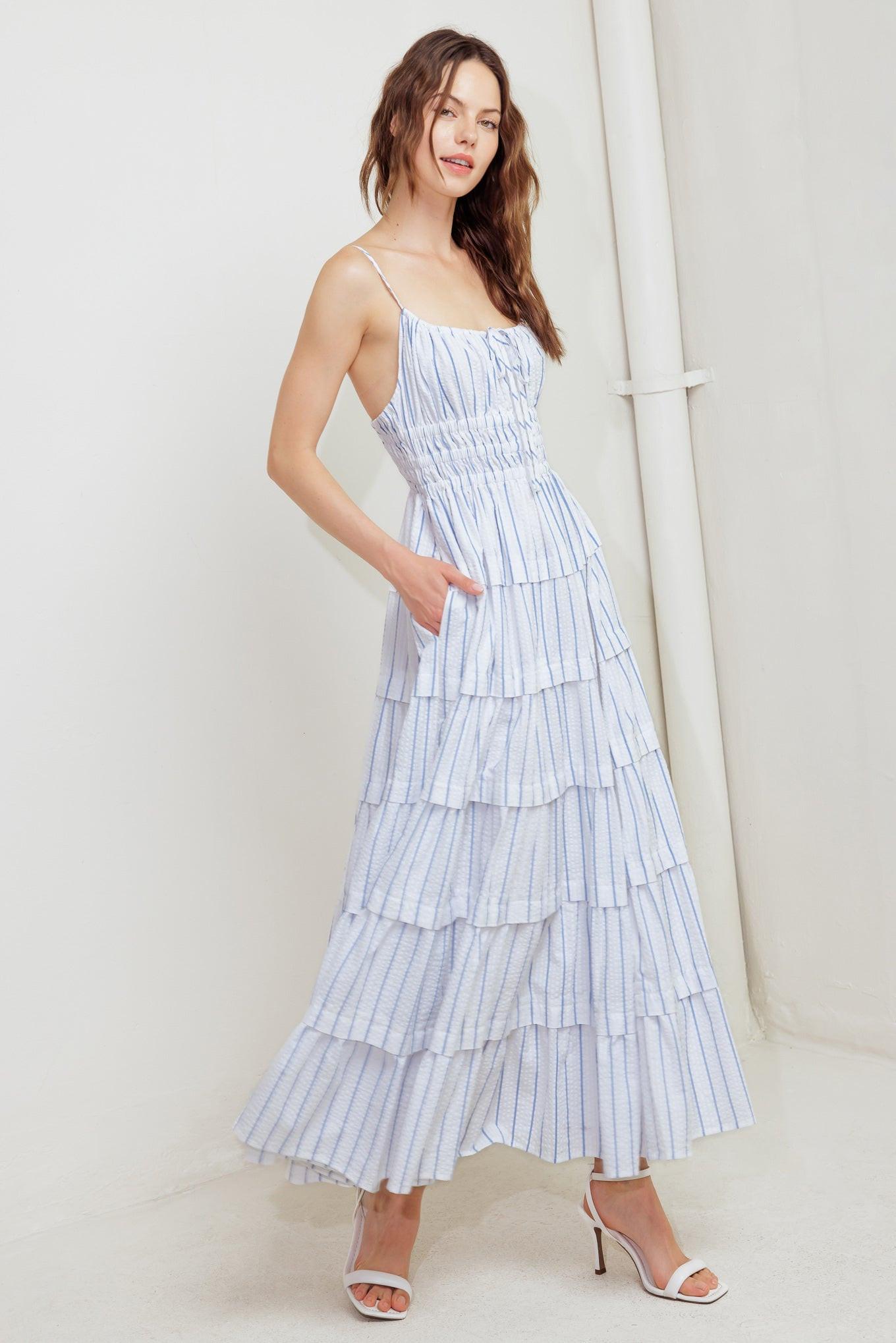 Breeze Note Woven Midi Dress in white blue, view 7 — Soul Flow Apparel