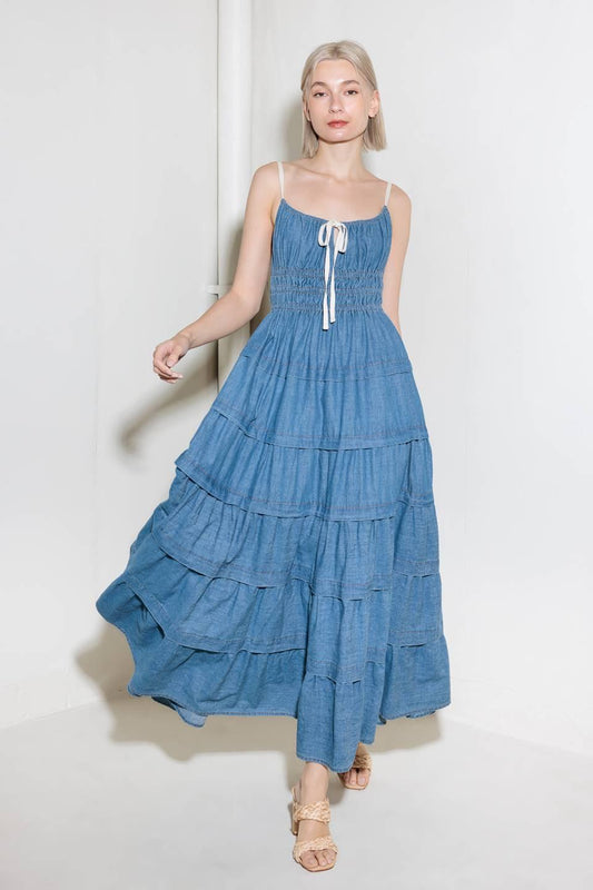 Eternal Desire Denim Midi Dress in medium indigo, view 1 — Soul Flow Apparel