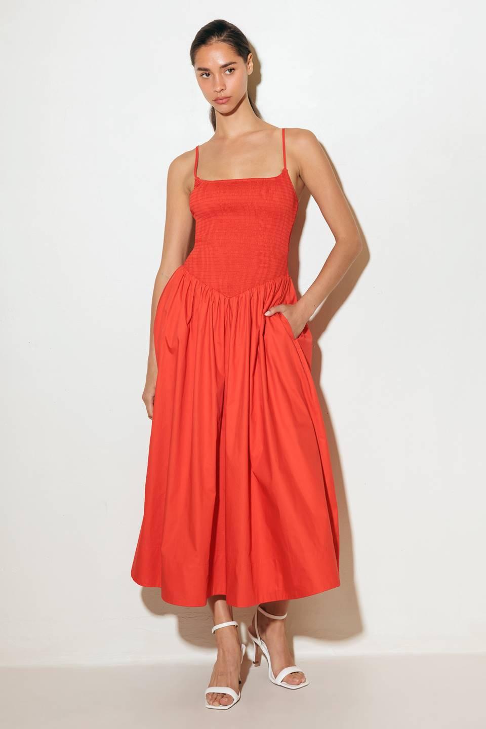 Move with Intention Red Woven Midi Dress, view 1 — Soul Flow Apparel