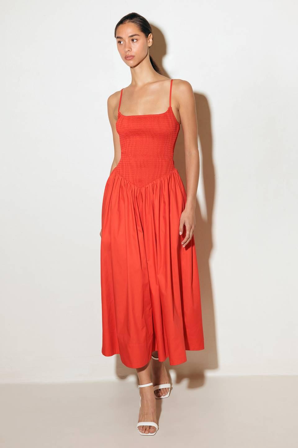 Move with Intention Red Woven Midi Dress, view 2 — Soul Flow Apparel