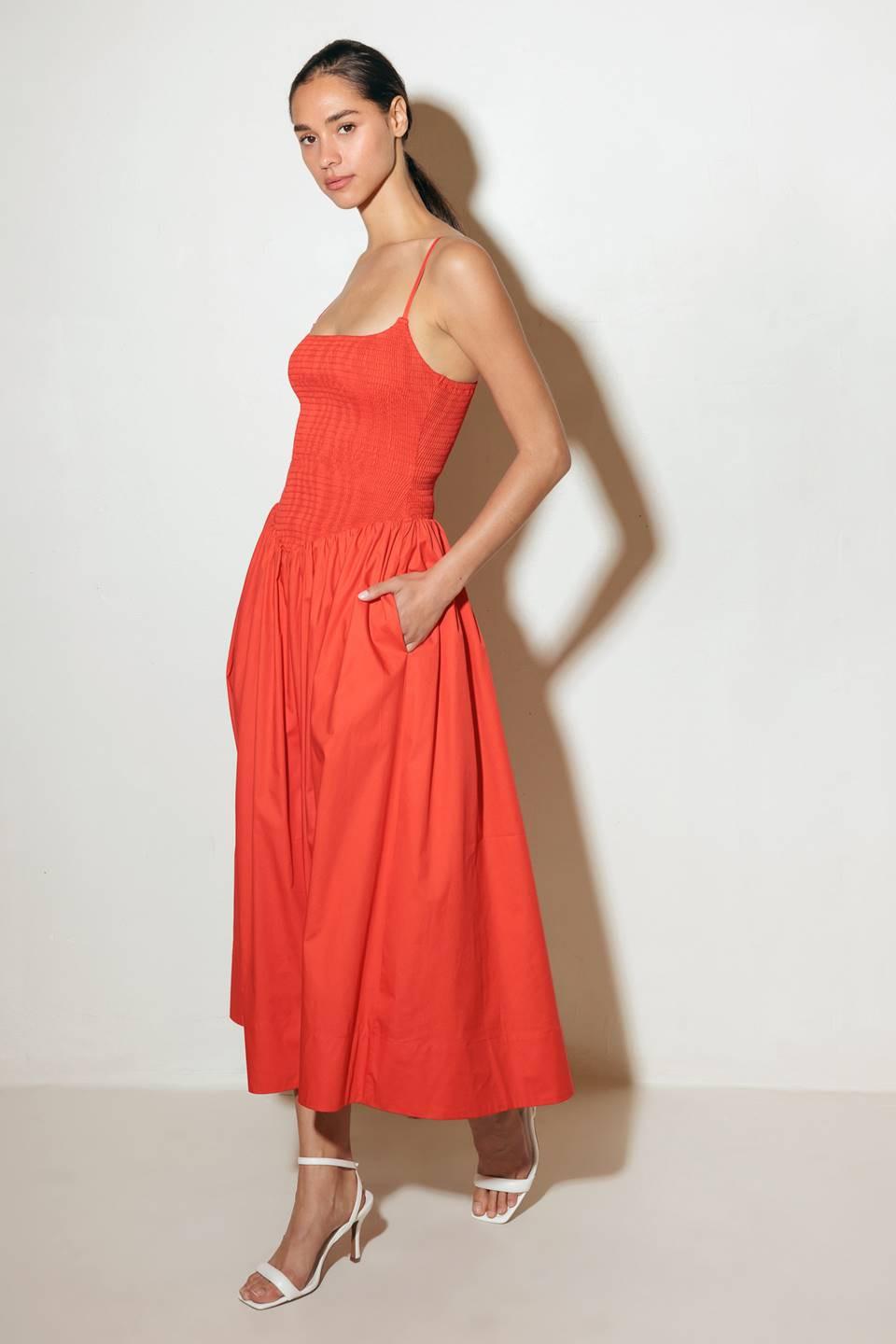Move with Intention Red Woven Midi Dress, view 5 — Soul Flow Apparel