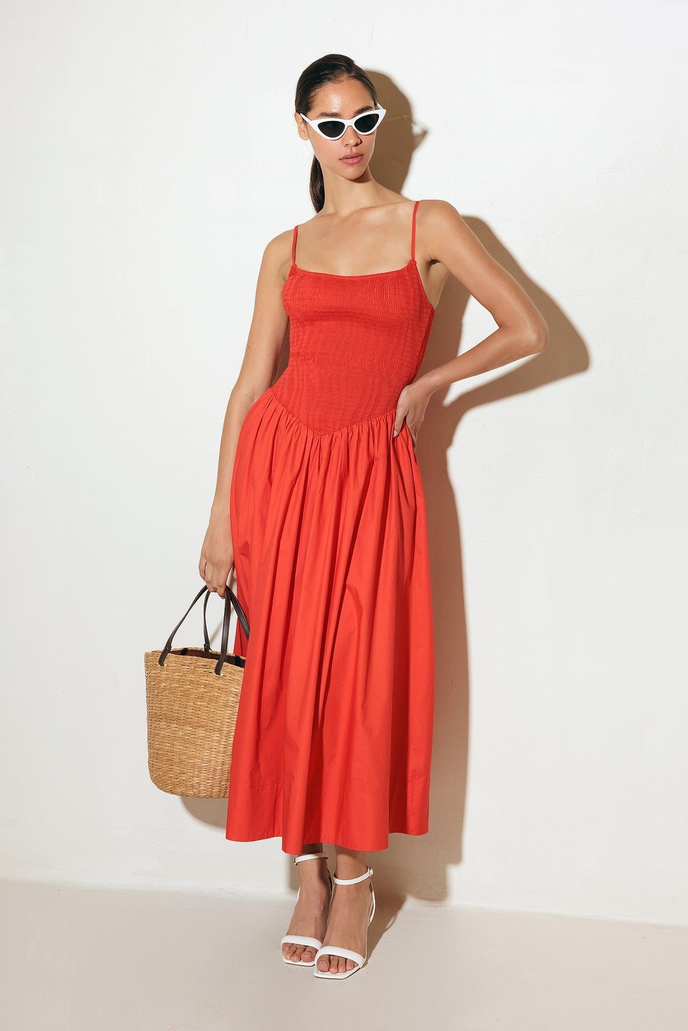 Move with Intention Red Woven Midi Dress in vita, view 2 — Soul Flow Apparel