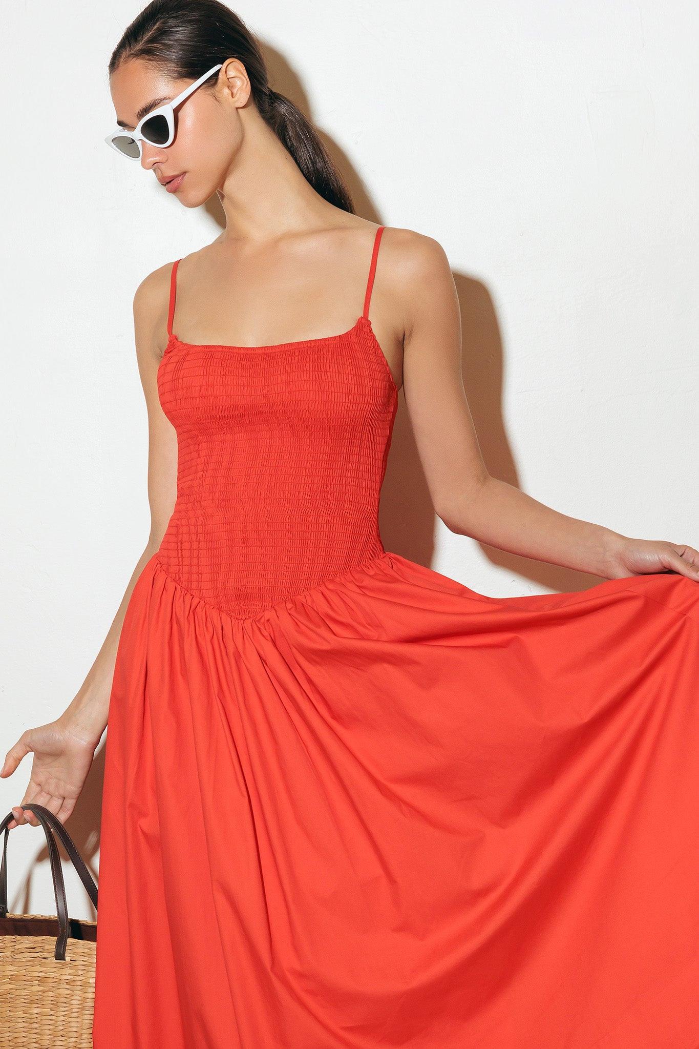 Move with Intention Red Woven Midi Dress in vita, view 2 — Soul Flow Apparel