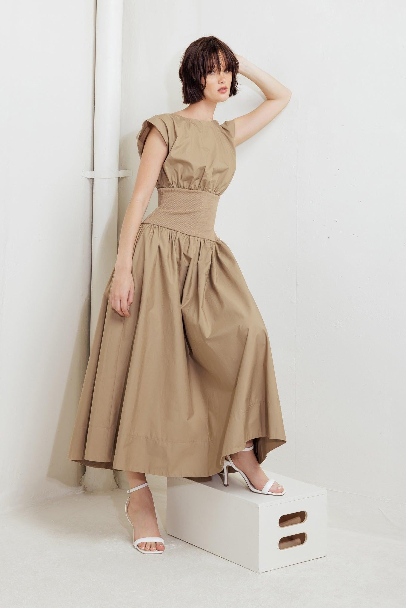 Dreamweaver Romantic Woven Midi Dress in mocha, view 1 — Soul Flow Apparel
