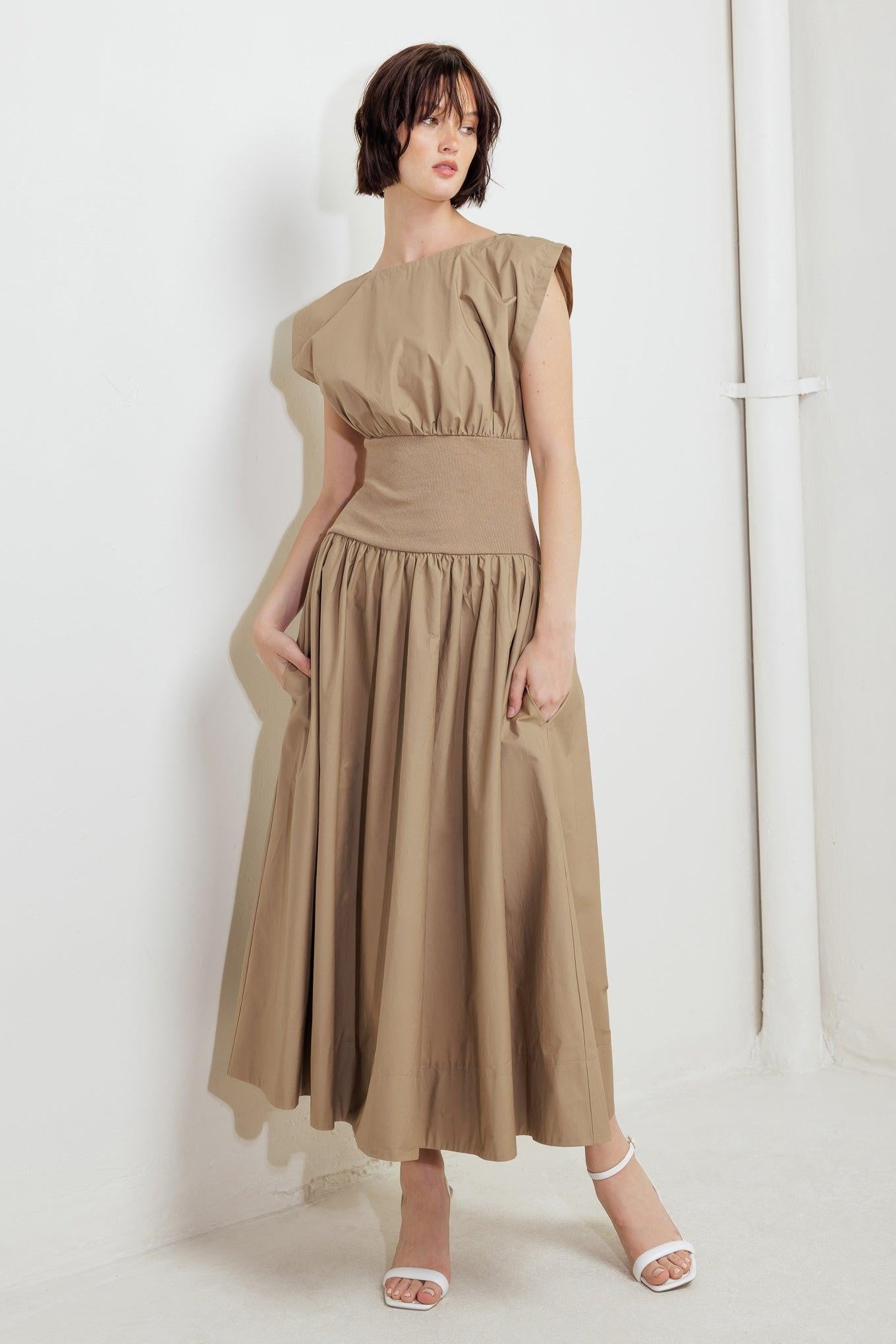 Dreamweaver Romantic Woven Midi Dress in mocha, view 2 — Soul Flow Apparel