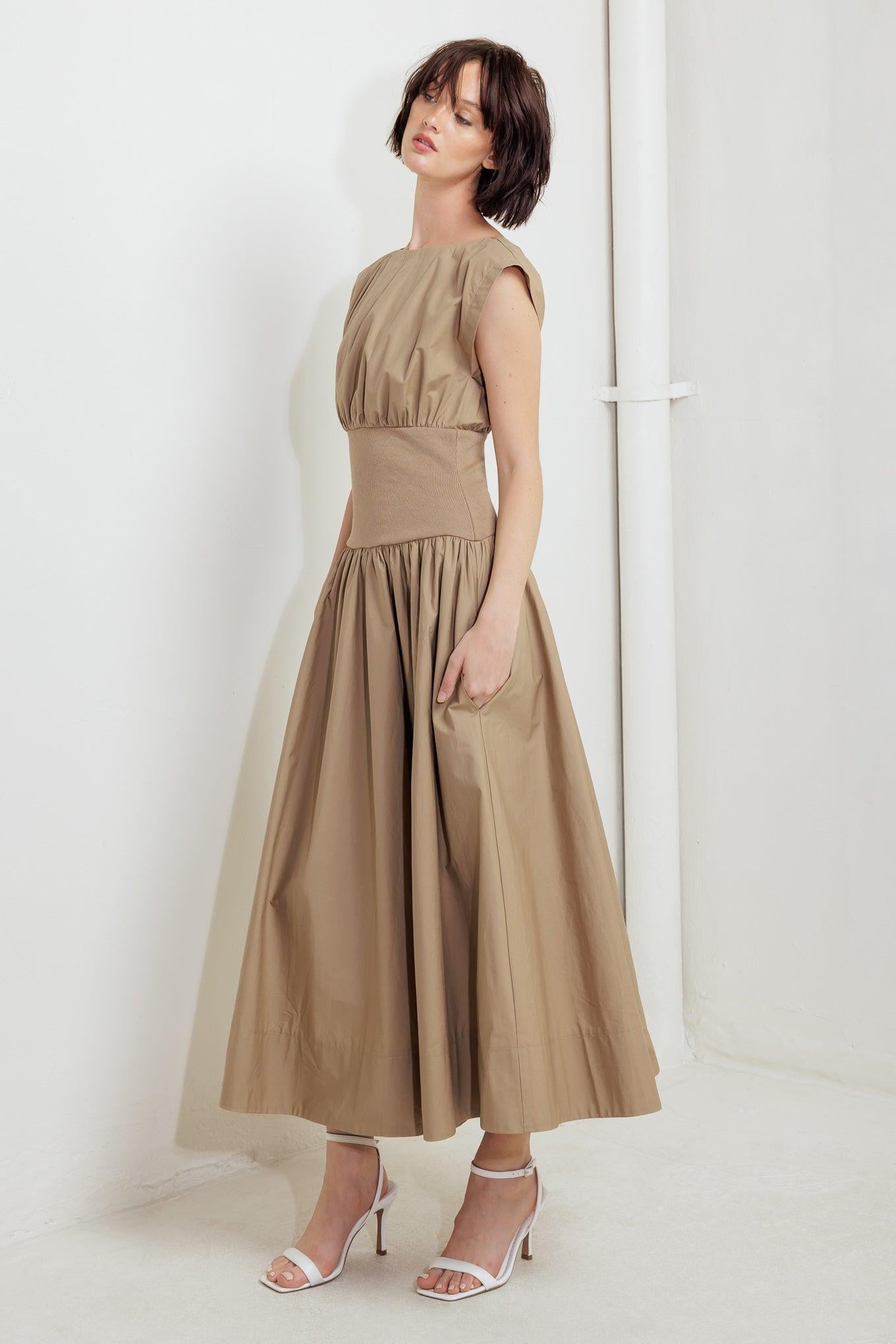 Dreamweaver Romantic Woven Midi Dress in mocha, view 3 — Soul Flow Apparel