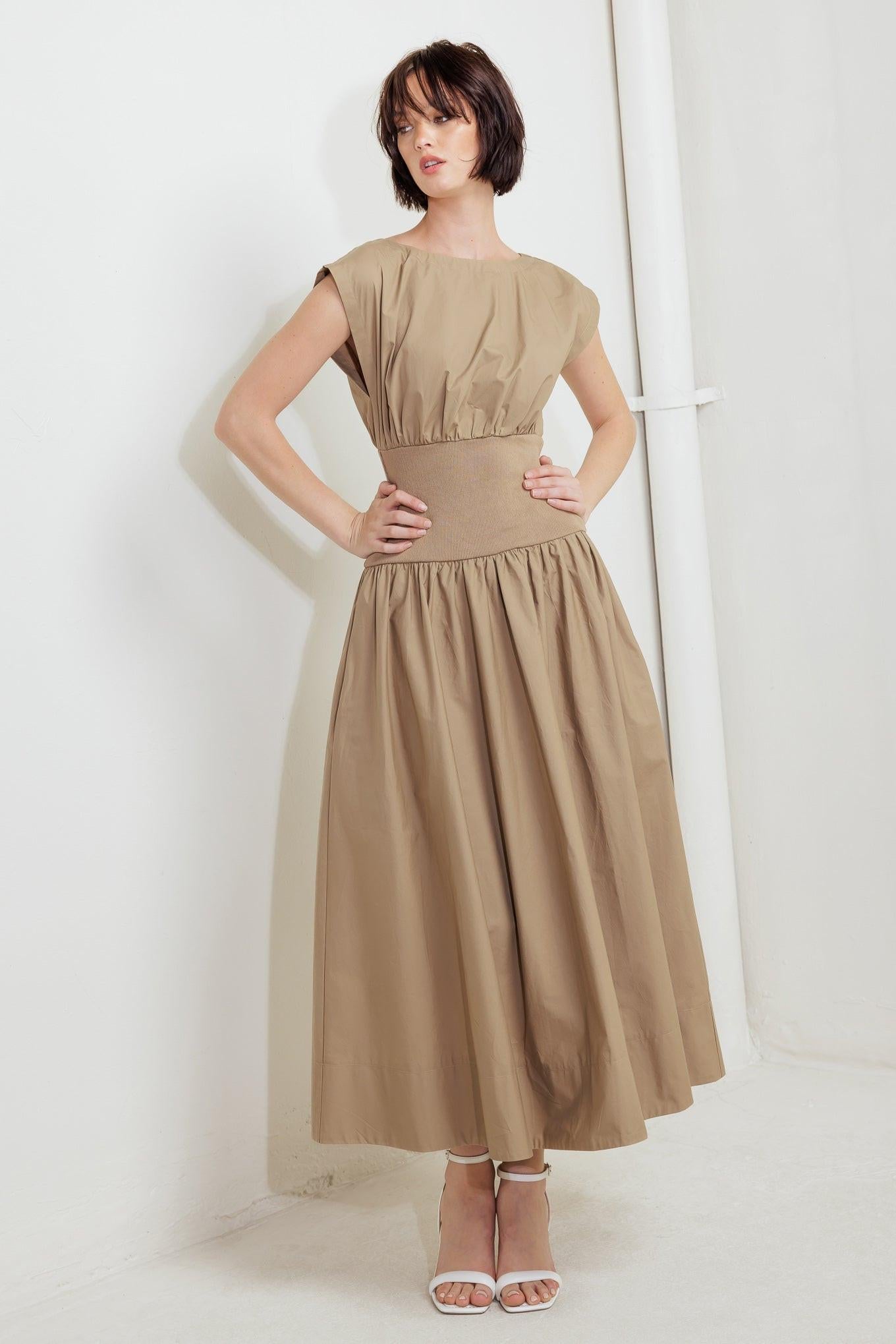Dreamweaver Romantic Woven Midi Dress in mocha, view 4 — Soul Flow Apparel