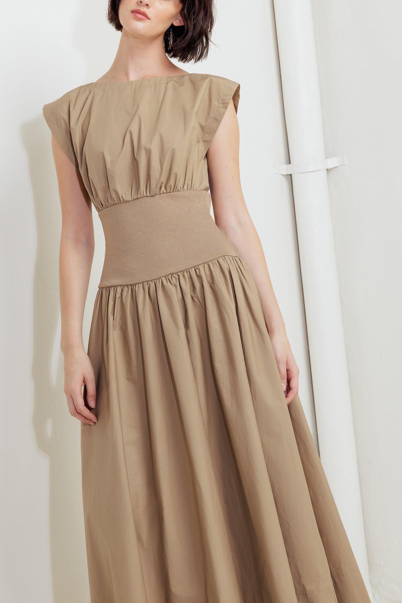 Dreamweaver Romantic Woven Midi Dress in mocha, view 5 — Soul Flow Apparel
