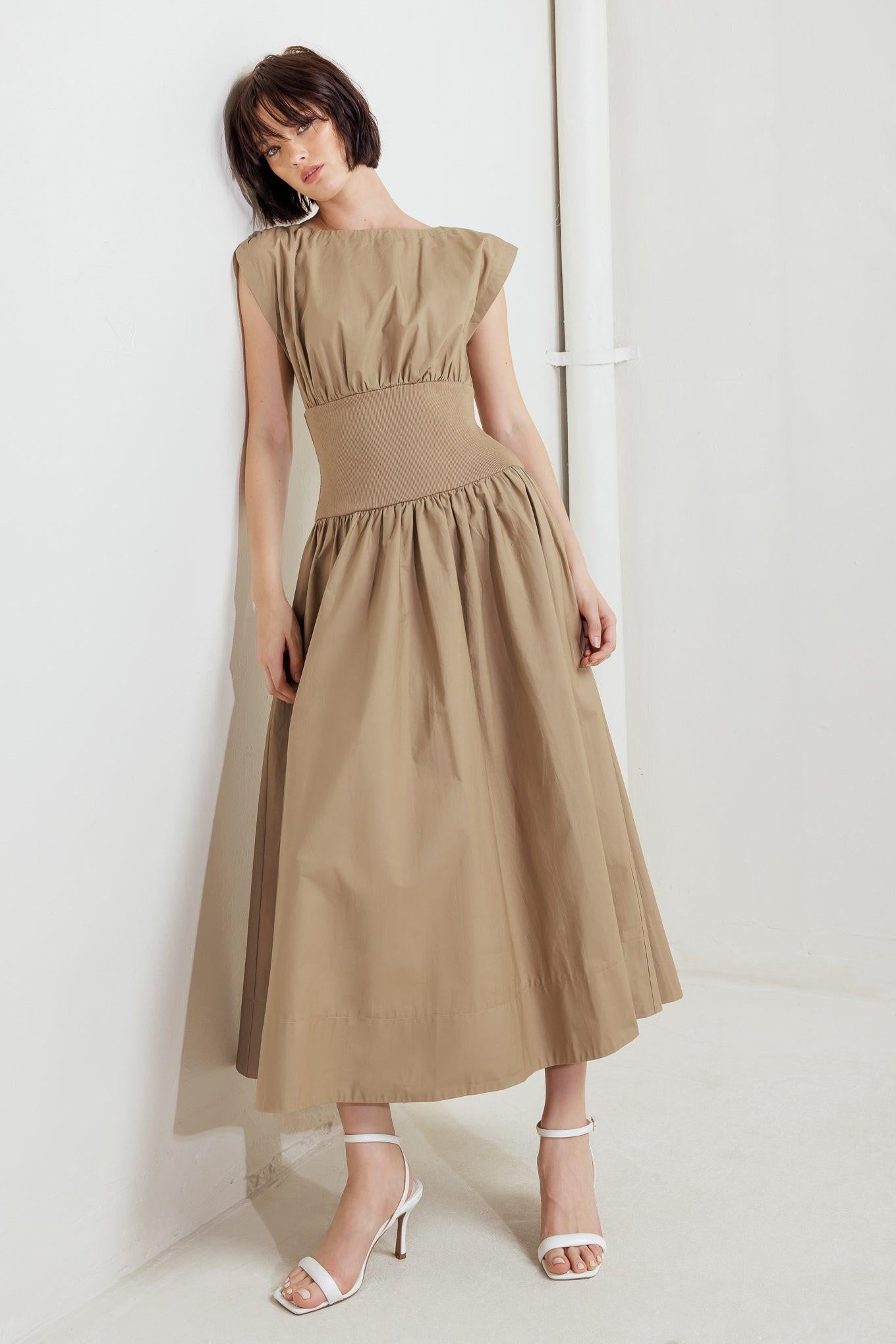 Dreamweaver Romantic Woven Midi Dress in mocha, view 7 — Soul Flow Apparel