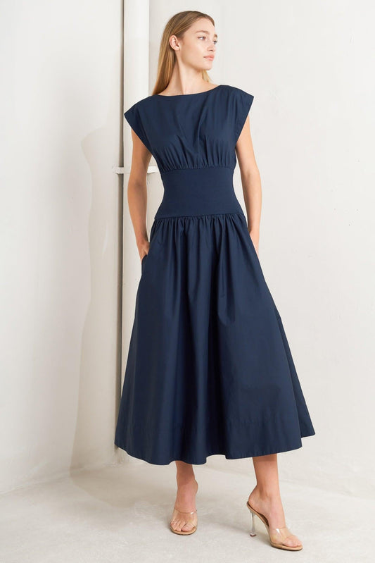 Dreamweaver Romantic Navy Woven Midi Dress, view 1 — Soul Flow Apparel