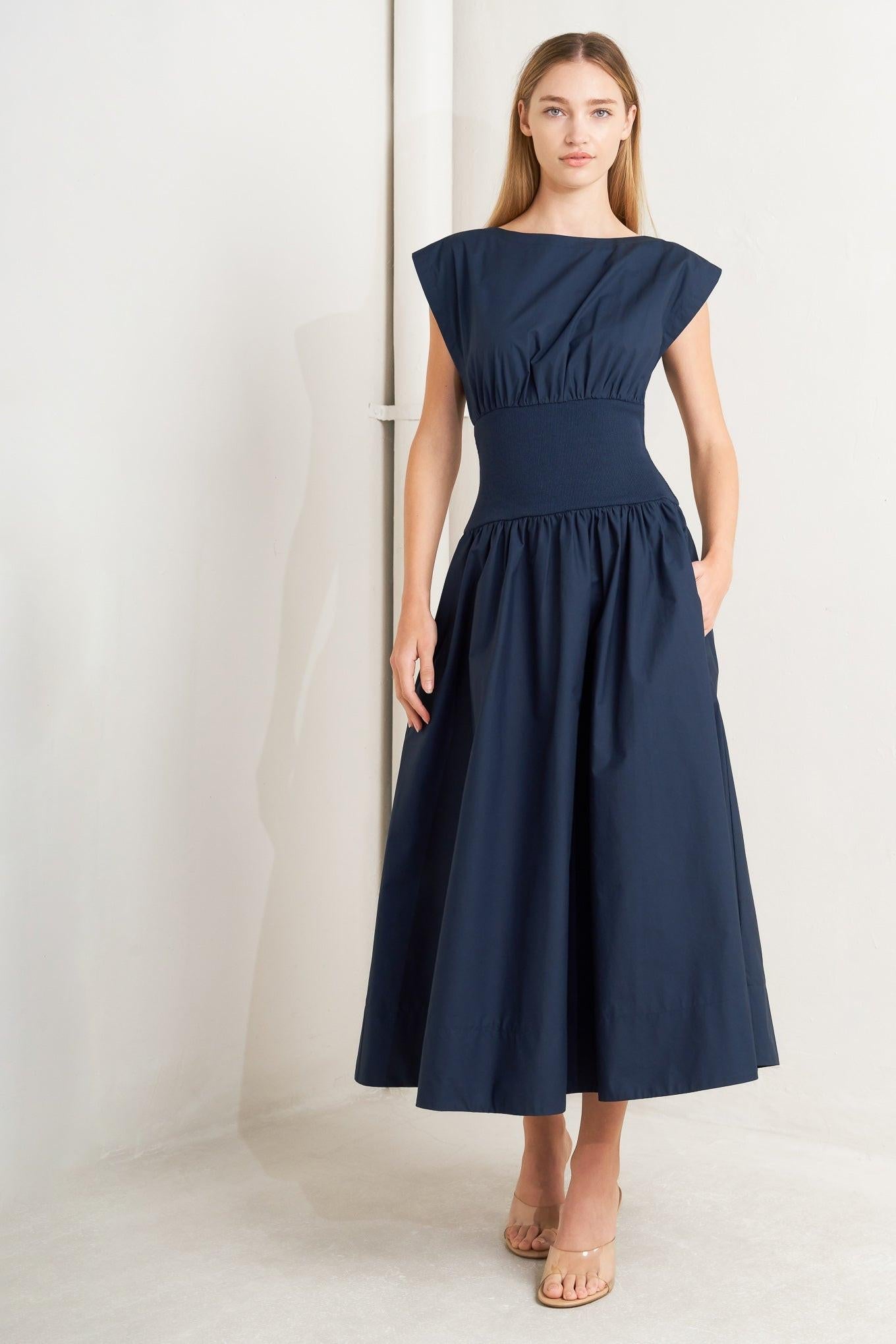 Dreamweaver Romantic Navy Woven Midi Dress, view 2 — Soul Flow Apparel