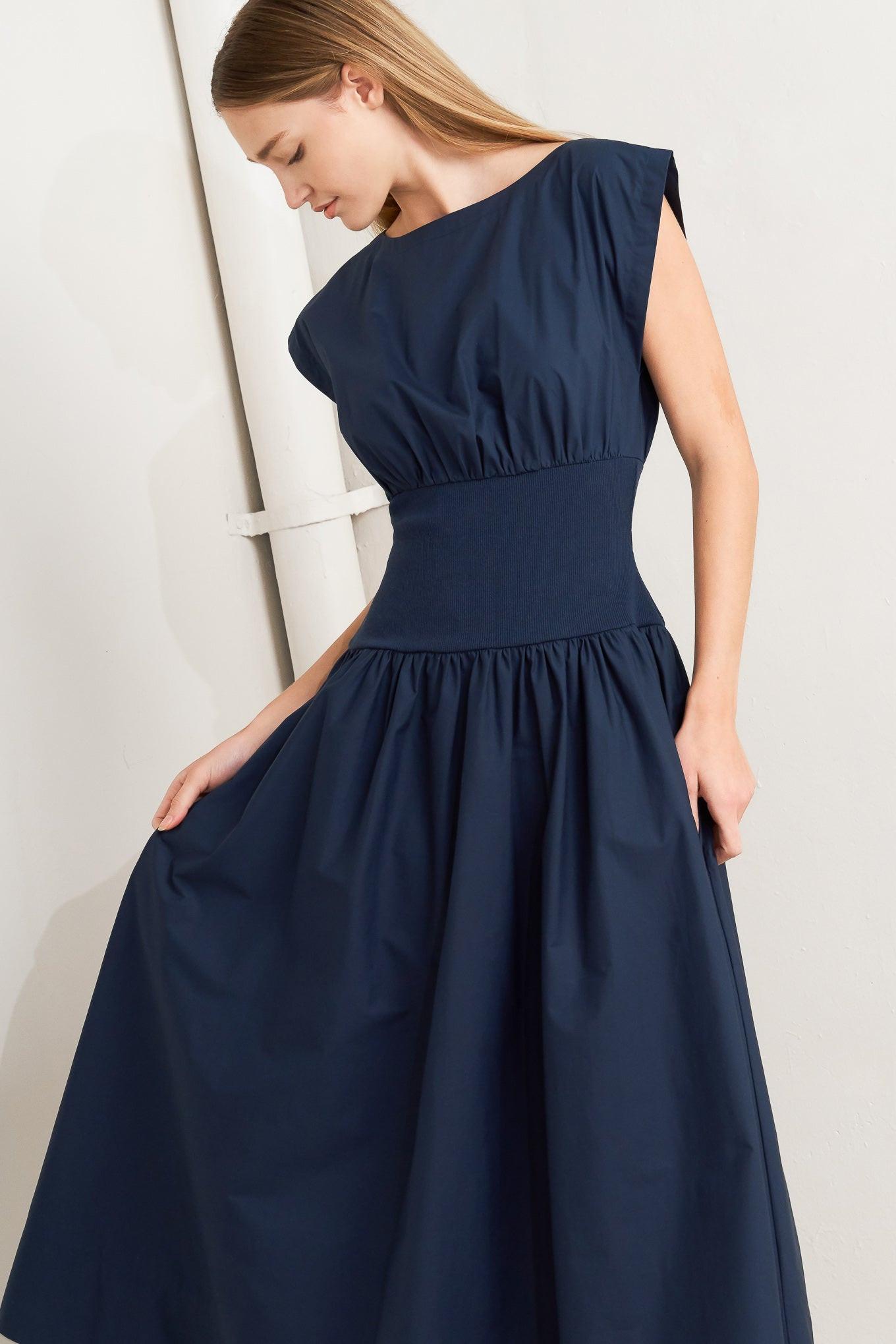 Dreamweaver Romantic Navy Woven Midi Dress, view 3 — Soul Flow Apparel