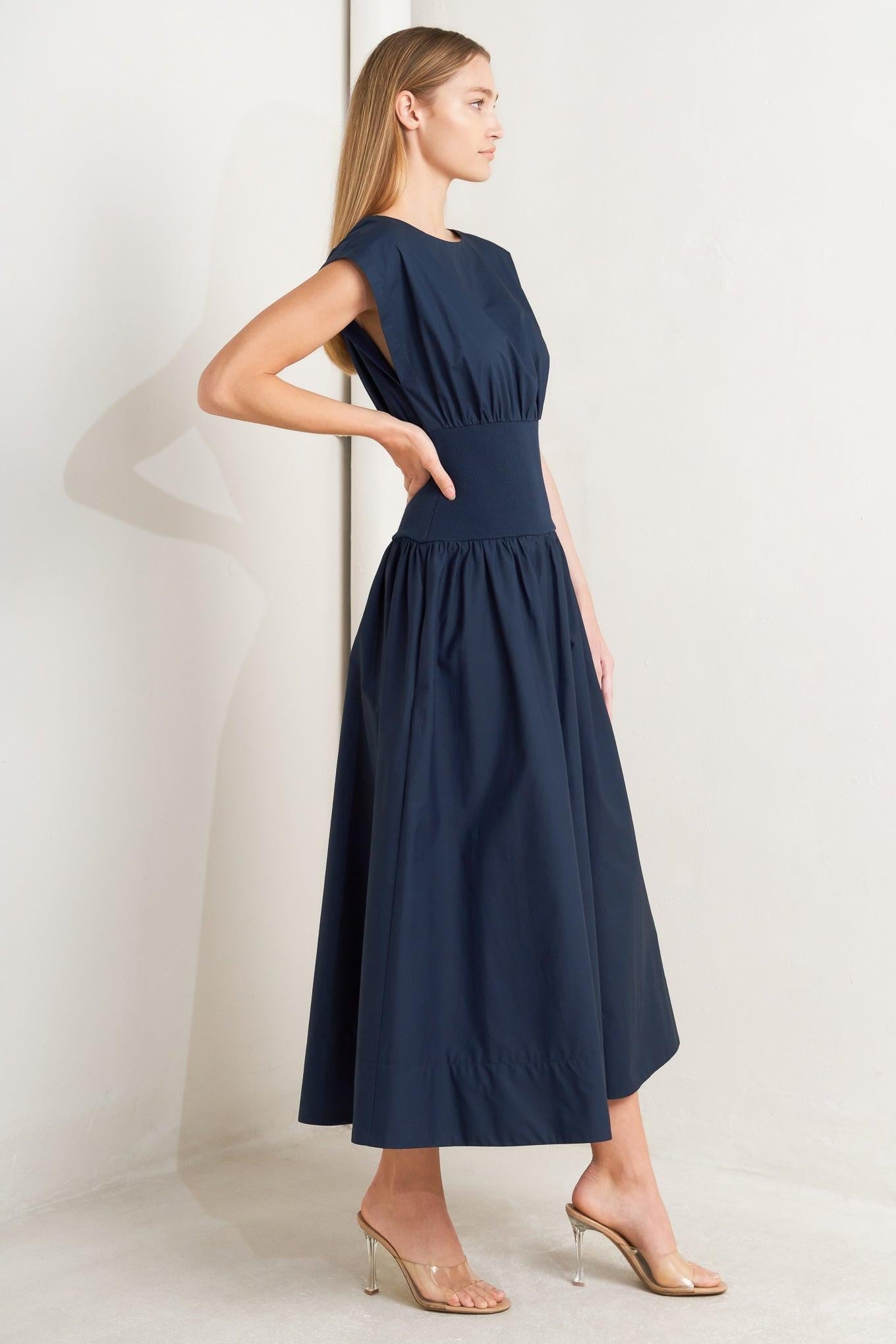 Dreamweaver Romantic Navy Woven Midi Dress, view 4 — Soul Flow Apparel