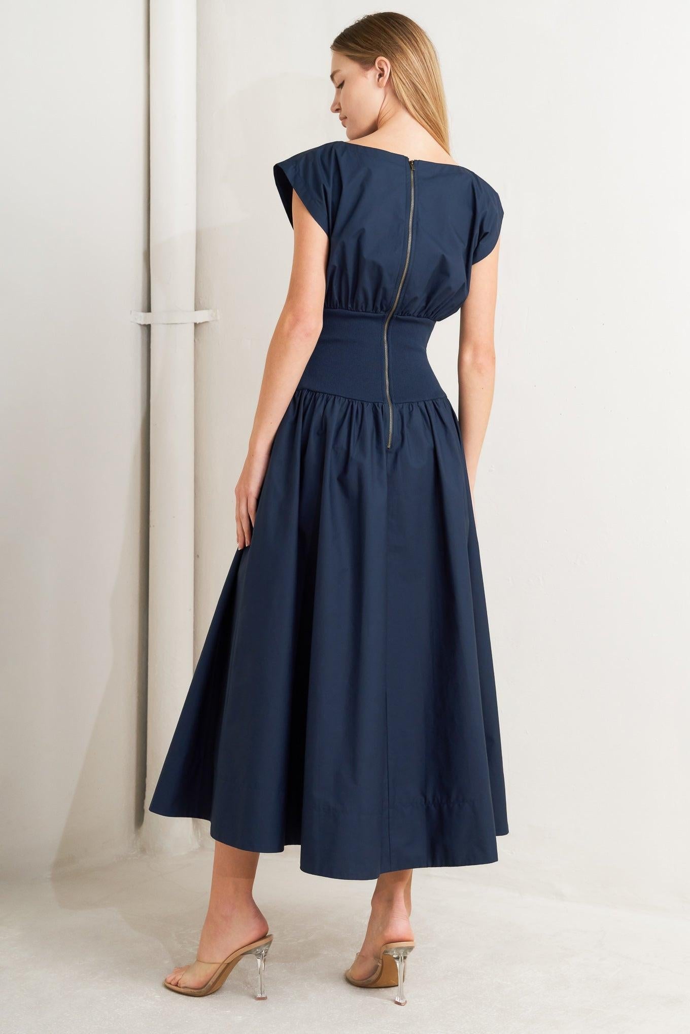 Dreamweaver Romantic Navy Woven Midi Dress, view 5 — Soul Flow Apparel