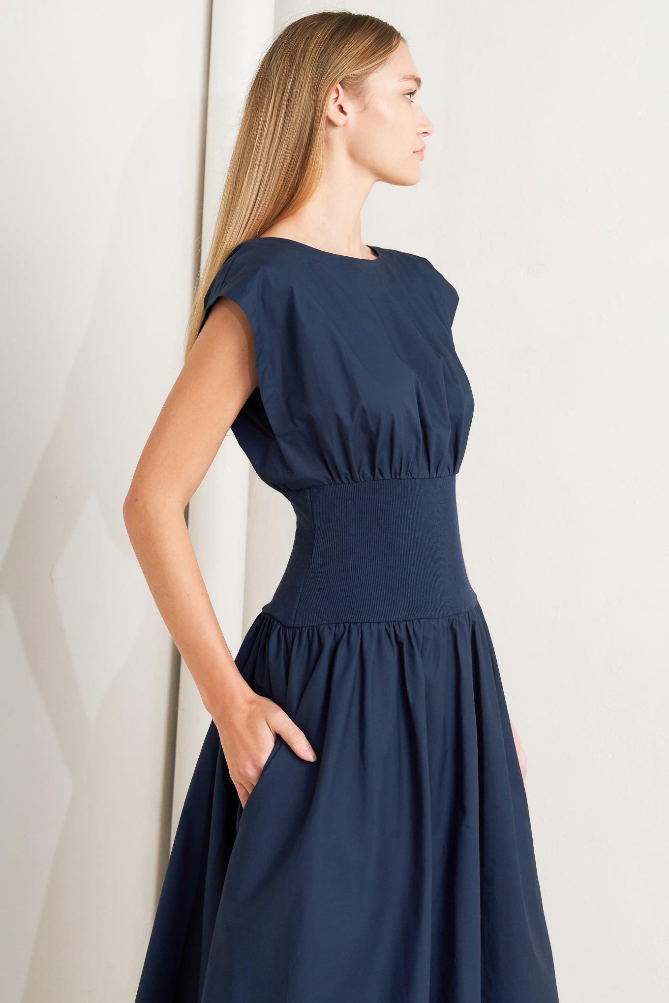 Dreamweaver Romantic Navy Woven Midi Dress, view 6 — Soul Flow Apparel
