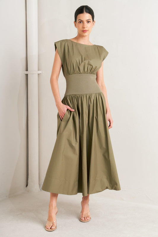 Dreamweaver Romantic Olive Woven Midi Dress, view 1 — Soul Flow Apparel
