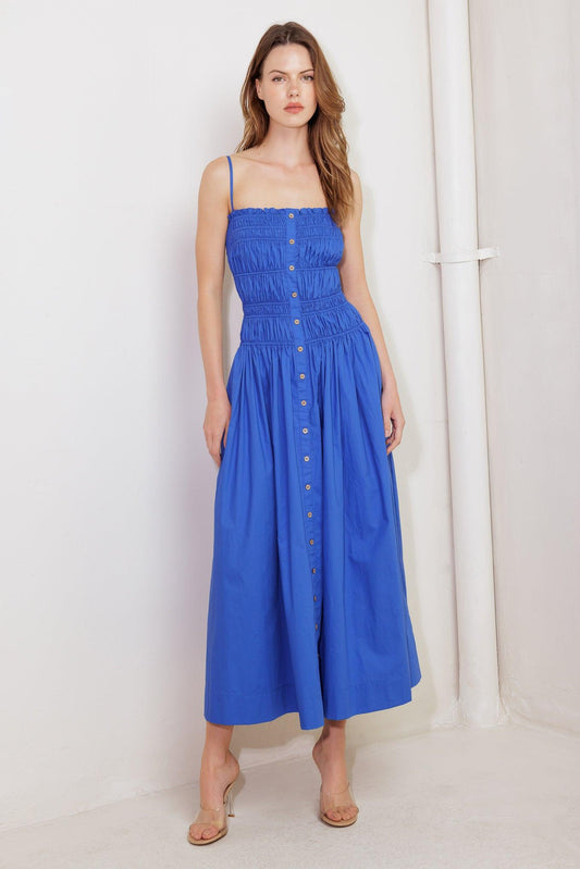 Moonlight on My Woven Midi Dress in cobalt blue, view 1 — Soul Flow Apparel