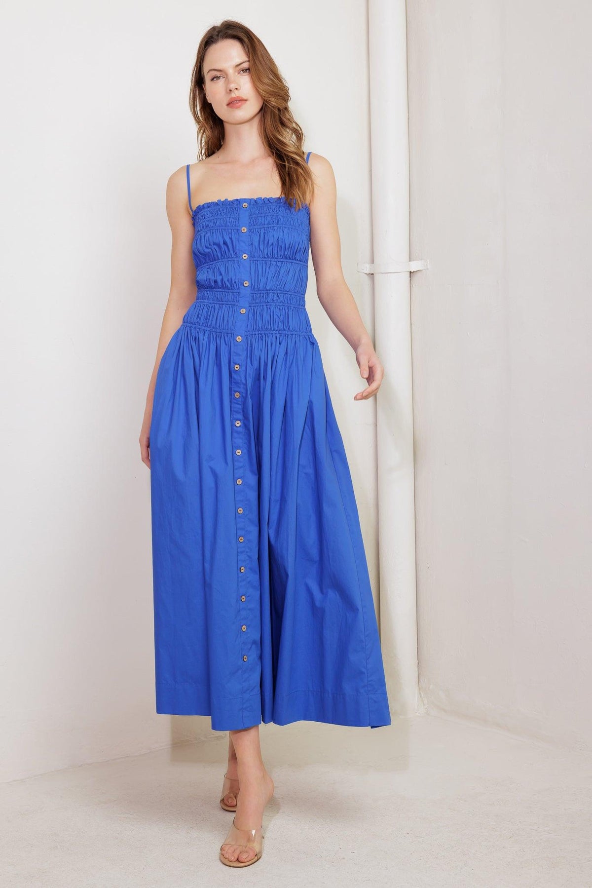 Moonlight on My Woven Midi Dress in cobalt blue, view 2 — Soul Flow Apparel