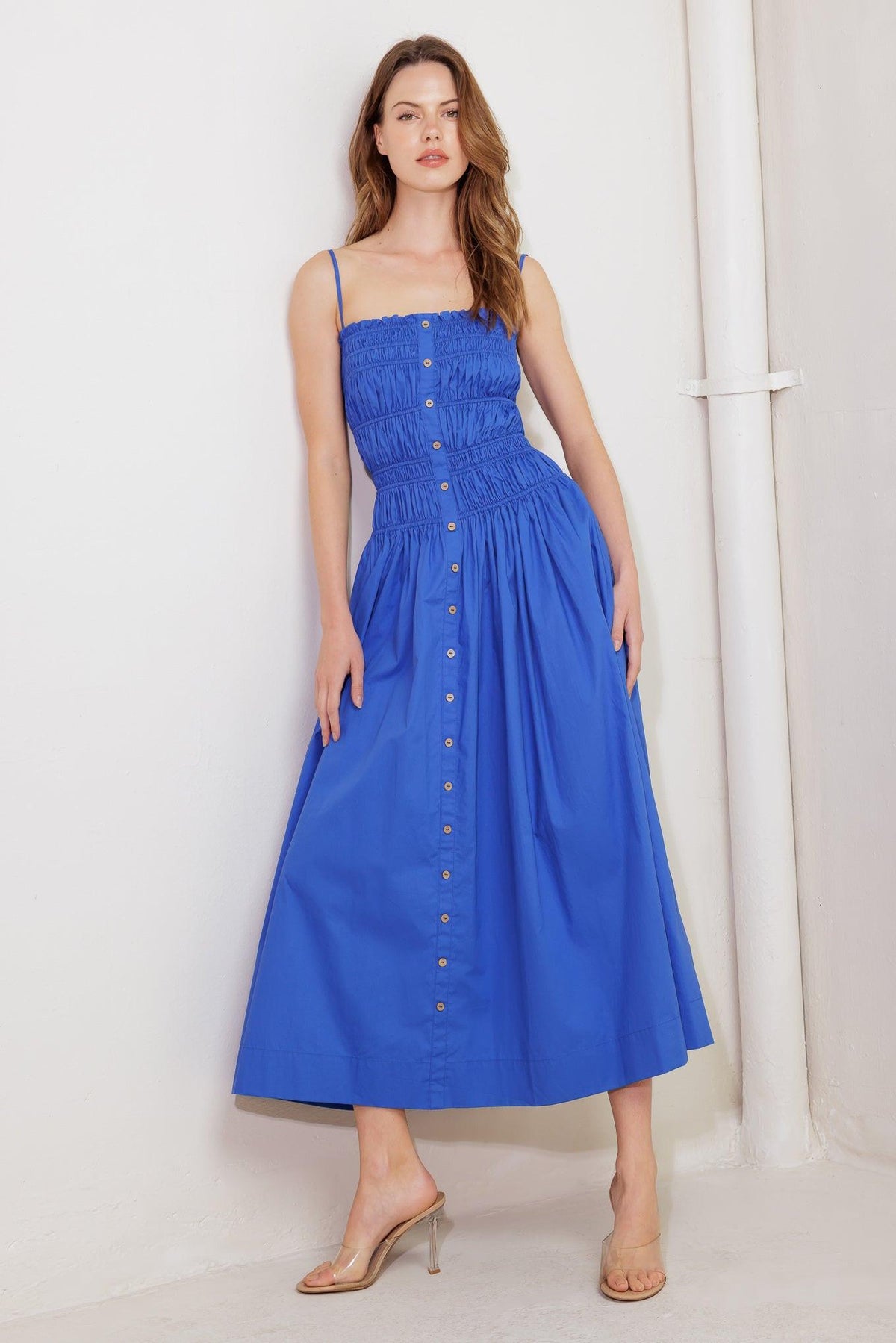 Moonlight on My Woven Midi Dress in cobalt blue, view 4 — Soul Flow Apparel