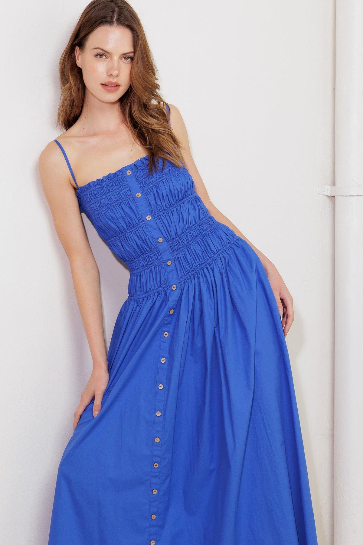 Moonlight on My Woven Midi Dress in cobalt blue, view 5 — Soul Flow Apparel