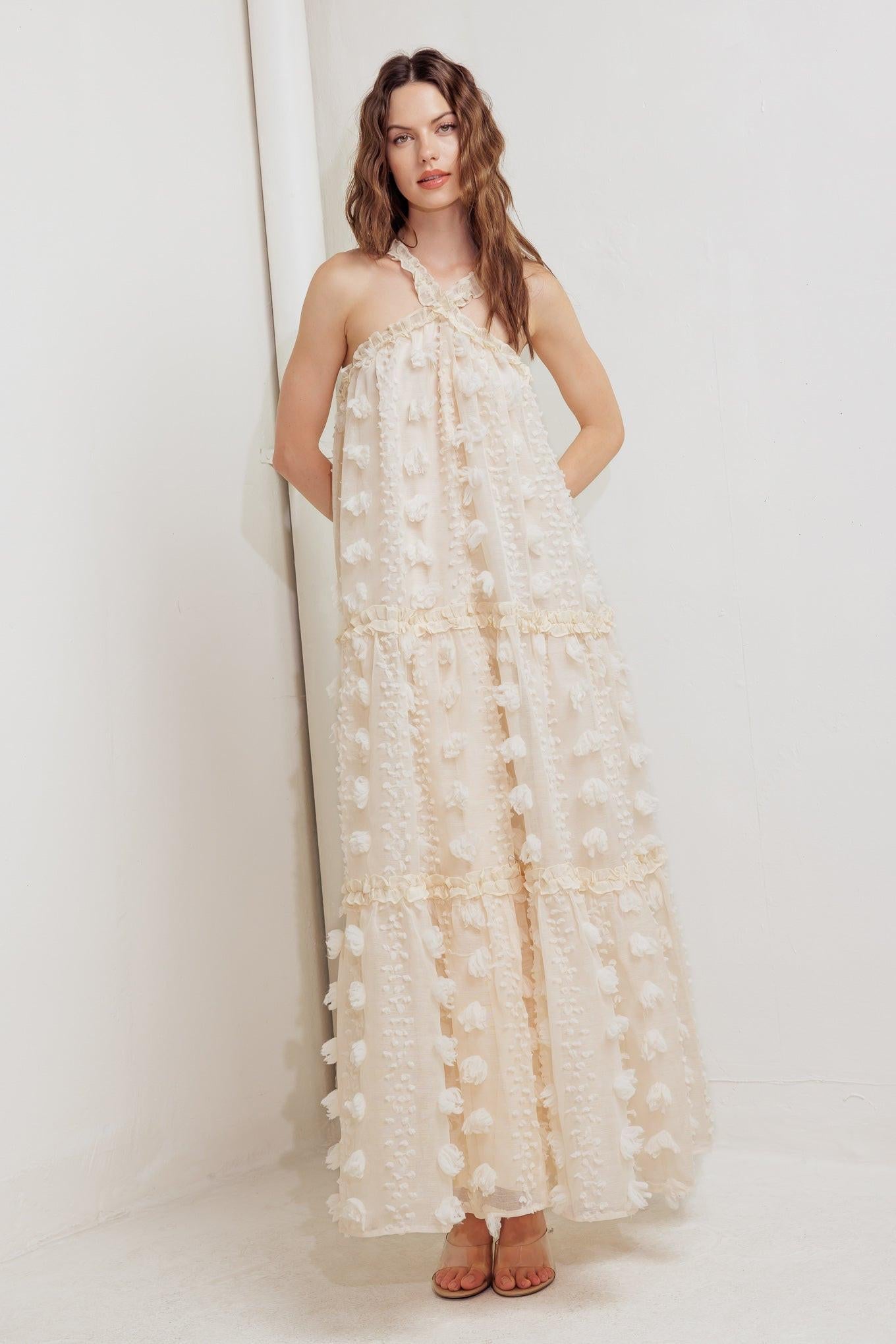 Cloud Nine Gown Woven Ankle Dress in cream, view 1 — Soul Flow Apparel