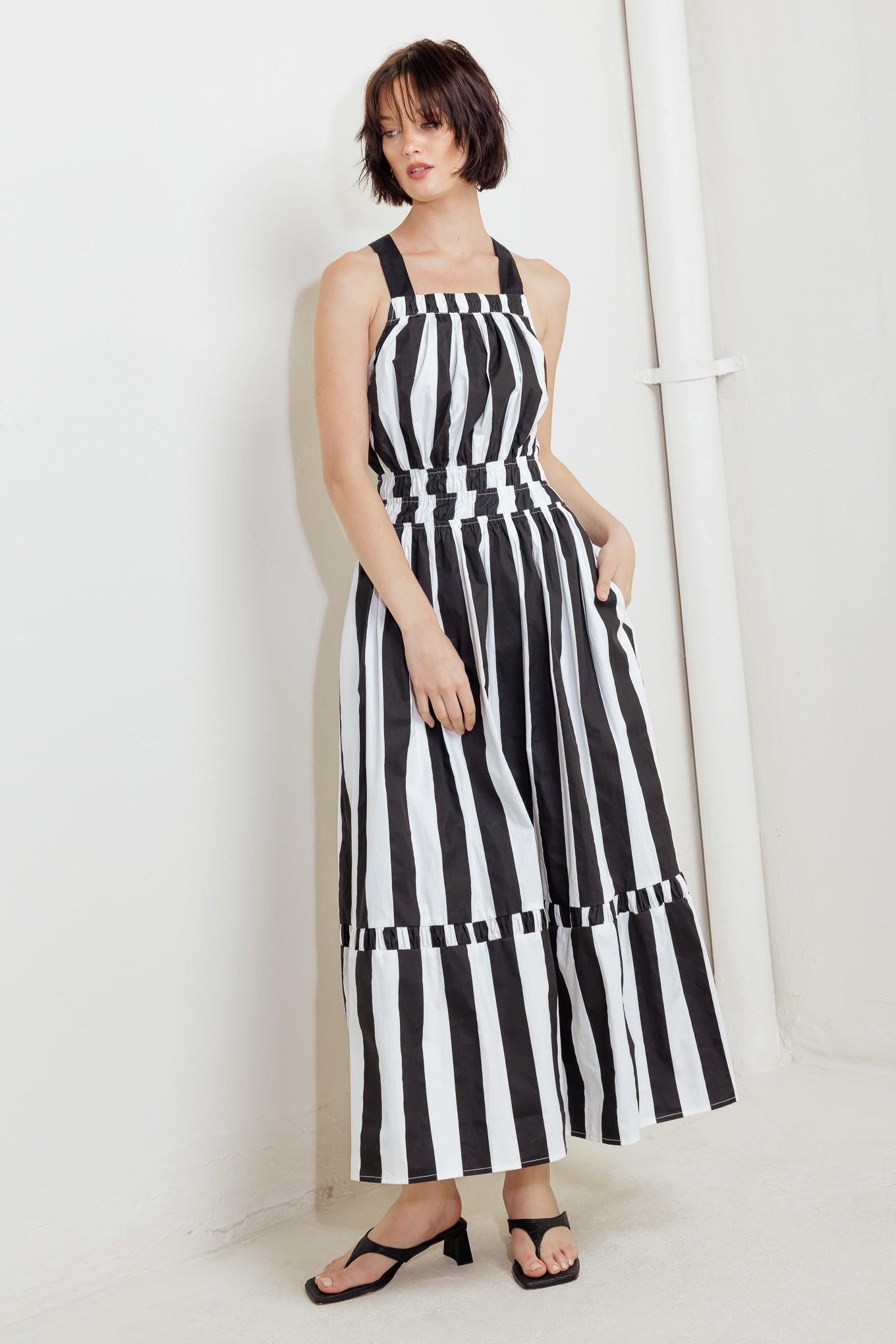 Luxe Linear Striped Woven Midi Dress in black white, view 1 — Soul Flow Apparel