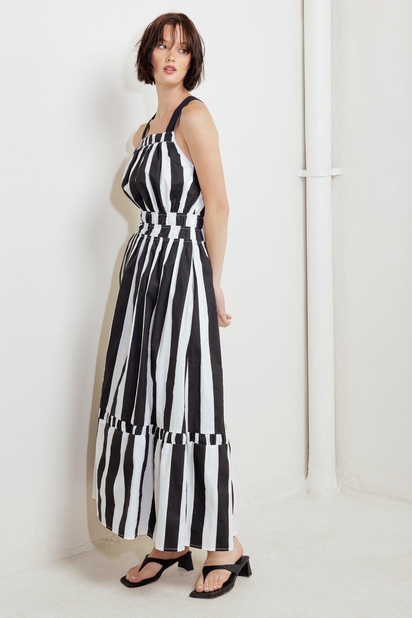 Luxe Linear Striped Woven Midi Dress in black white, view 3 — Soul Flow Apparel