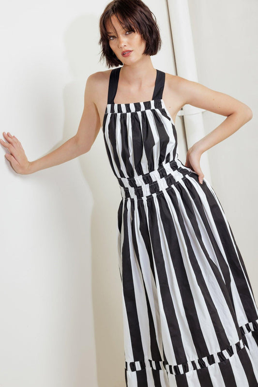 Luxe Linear Striped Woven Midi Dress in black white, view 6 — Soul Flow Apparel