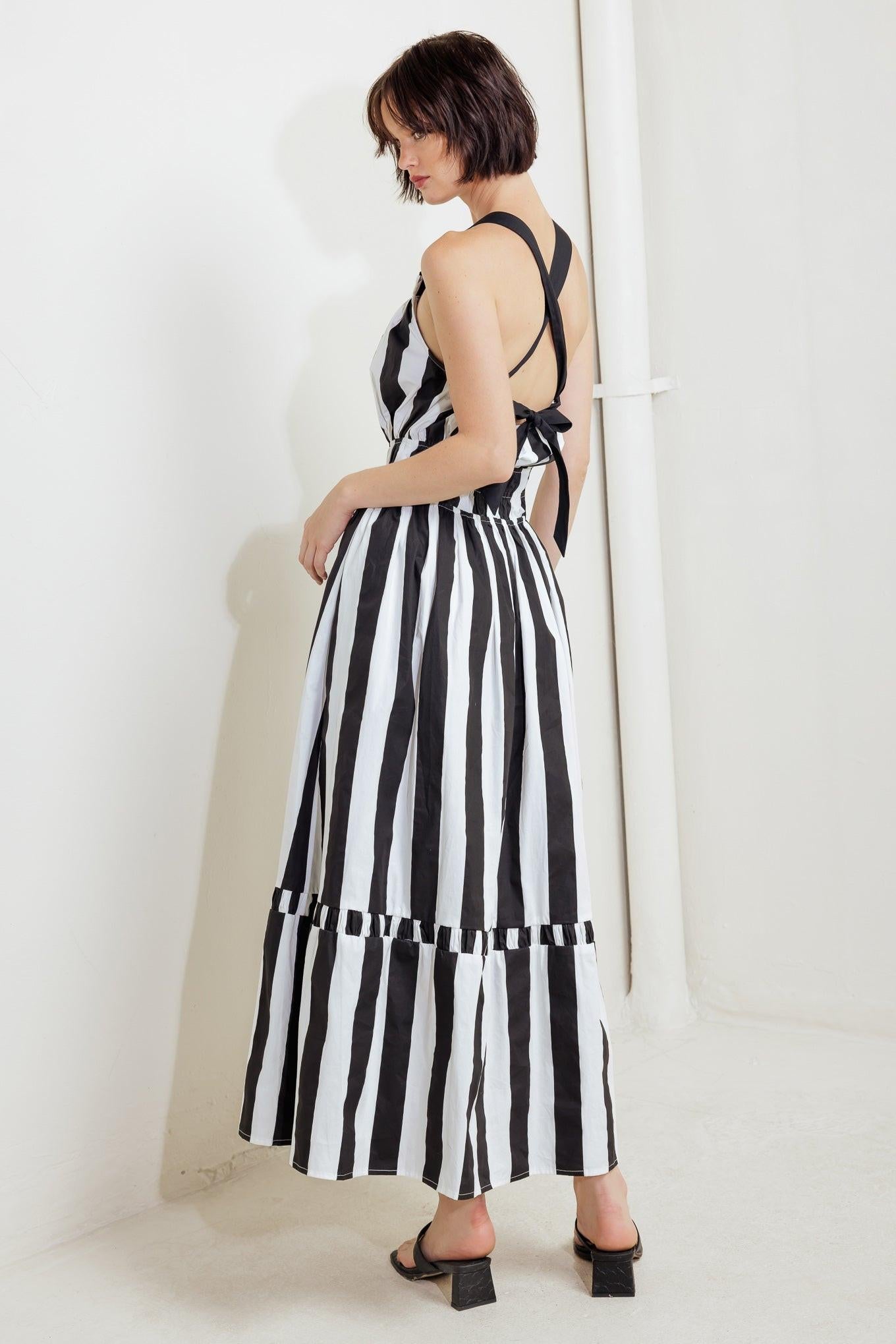 Luxe Linear Striped Woven Midi Dress in black white, view 7 — Soul Flow Apparel