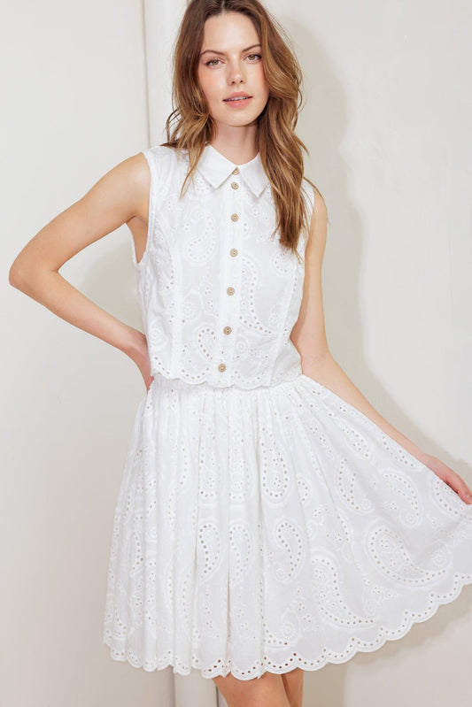 Leaf Kiss White Woven Eyelet Mini Dress, view 4 — Soul Flow Apparel