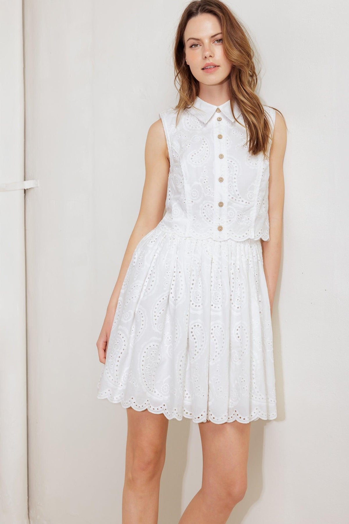 Leaf Kiss White Woven Eyelet Mini Dress, view 5 — Soul Flow Apparel