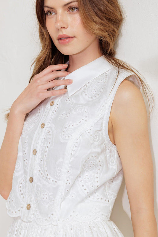 Leaf Kiss White Woven Eyelet Mini Dress, view 6 — Soul Flow Apparel