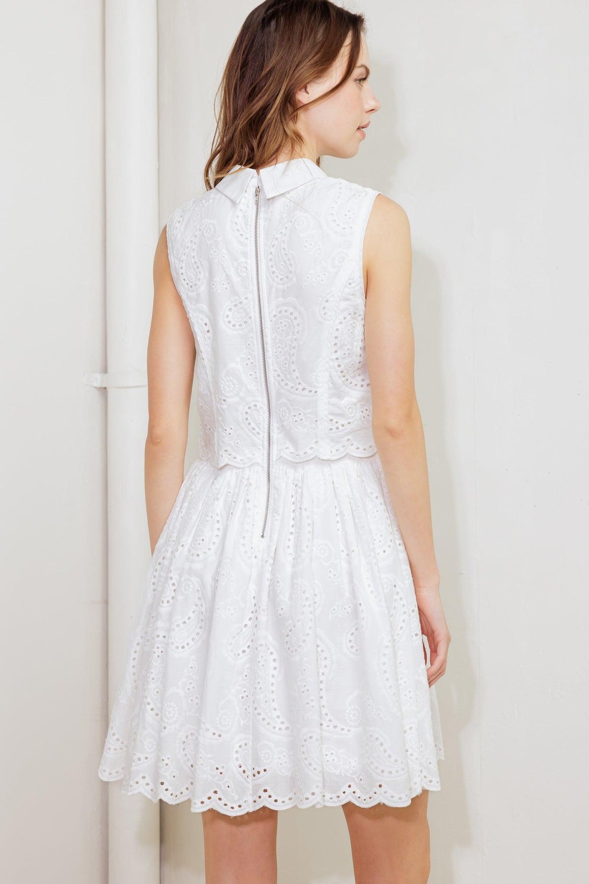 Leaf Kiss White Woven Eyelet Mini Dress, view 7 — Soul Flow Apparel