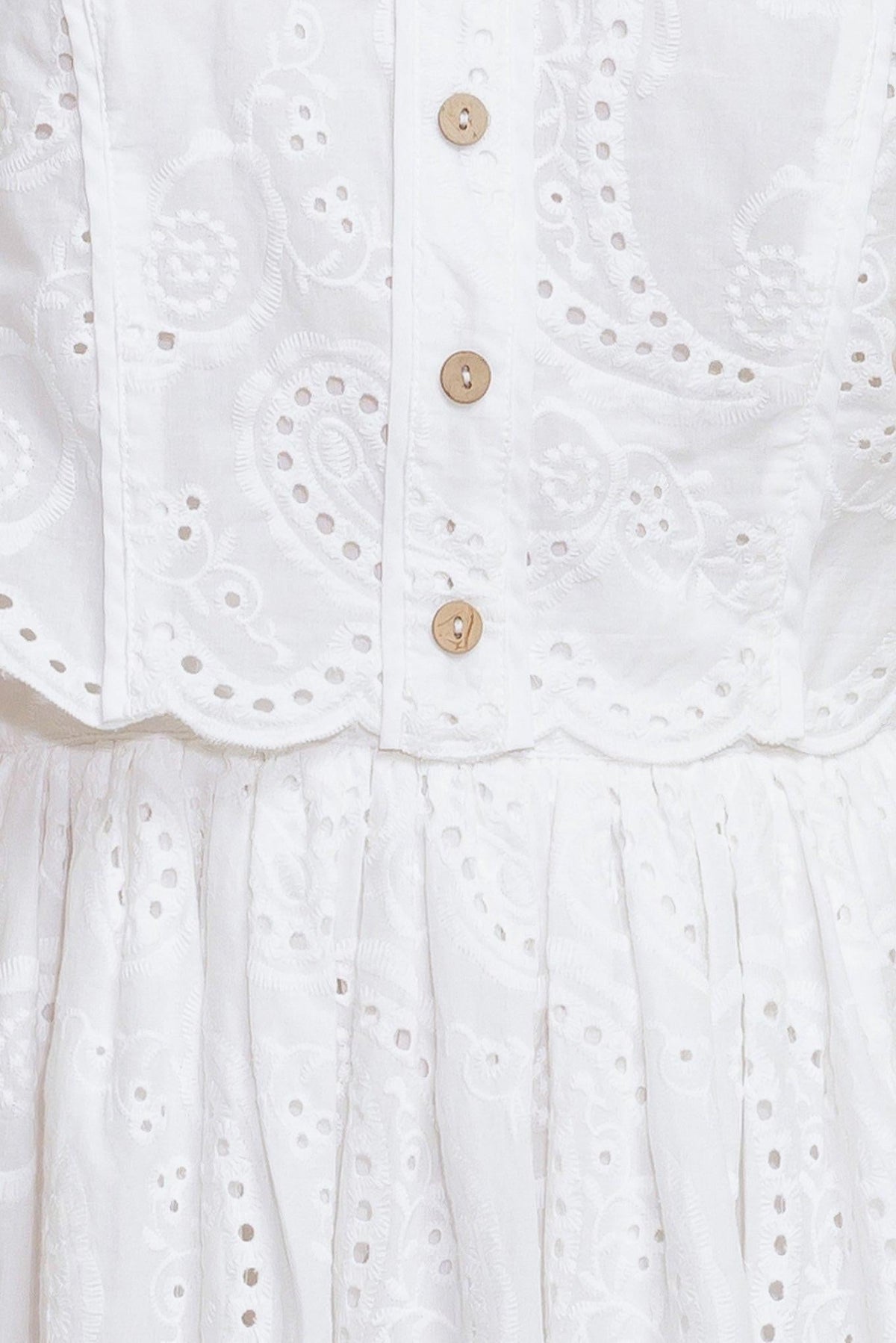 Leaf Kiss White Woven Eyelet Mini Dress, fabric swatch — Soul Flow Apparel
