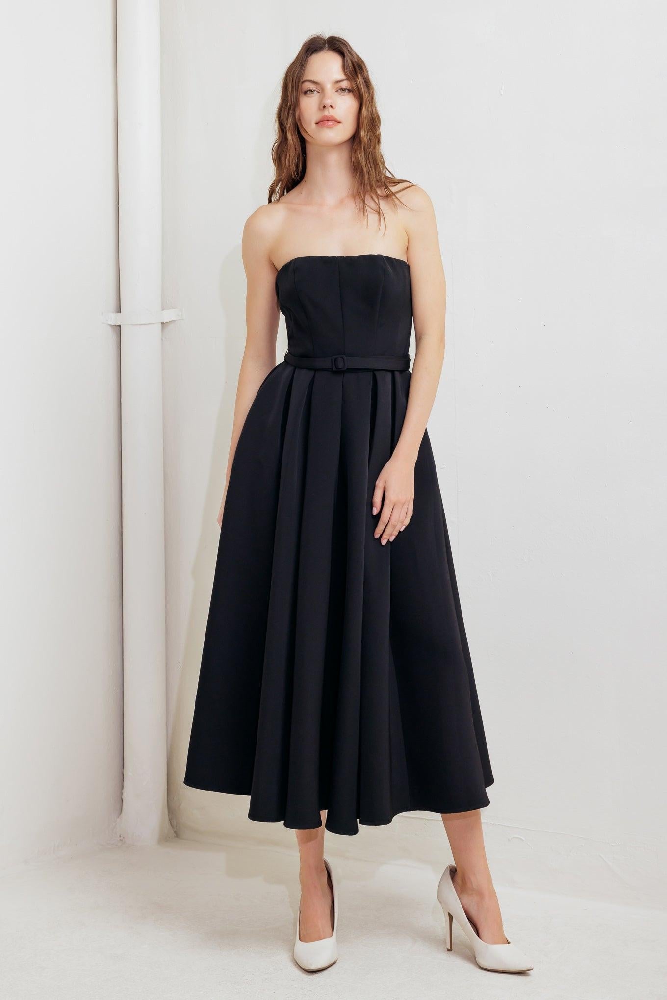Black Tie Muse Woven Midi Dress, view 1 — Soul Flow Apparel