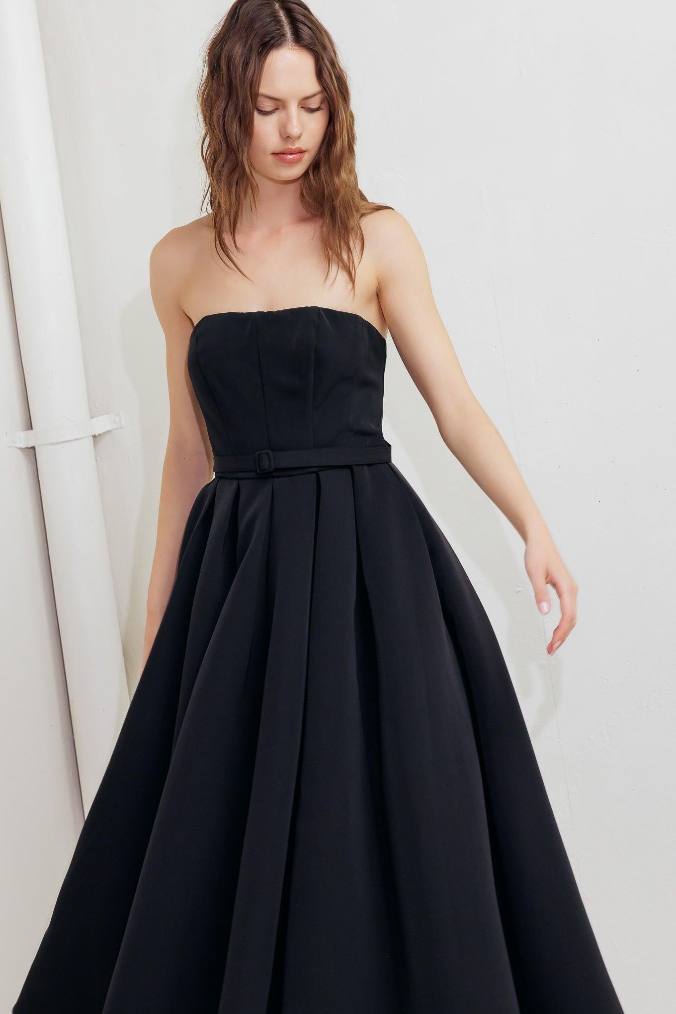 Black Tie Muse Woven Midi Dress, view 2 — Soul Flow Apparel