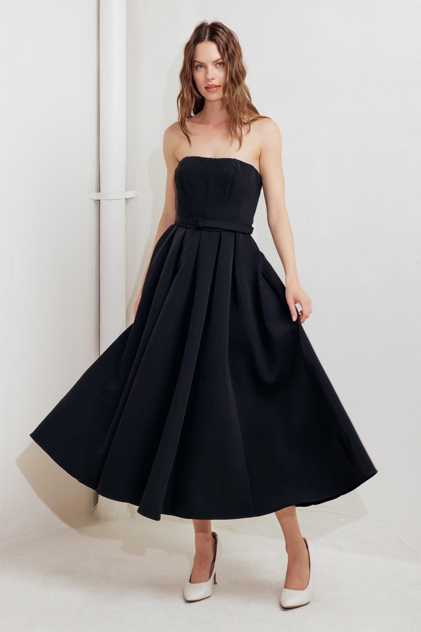 Black Tie Muse Woven Midi Dress, view 3 — Soul Flow Apparel