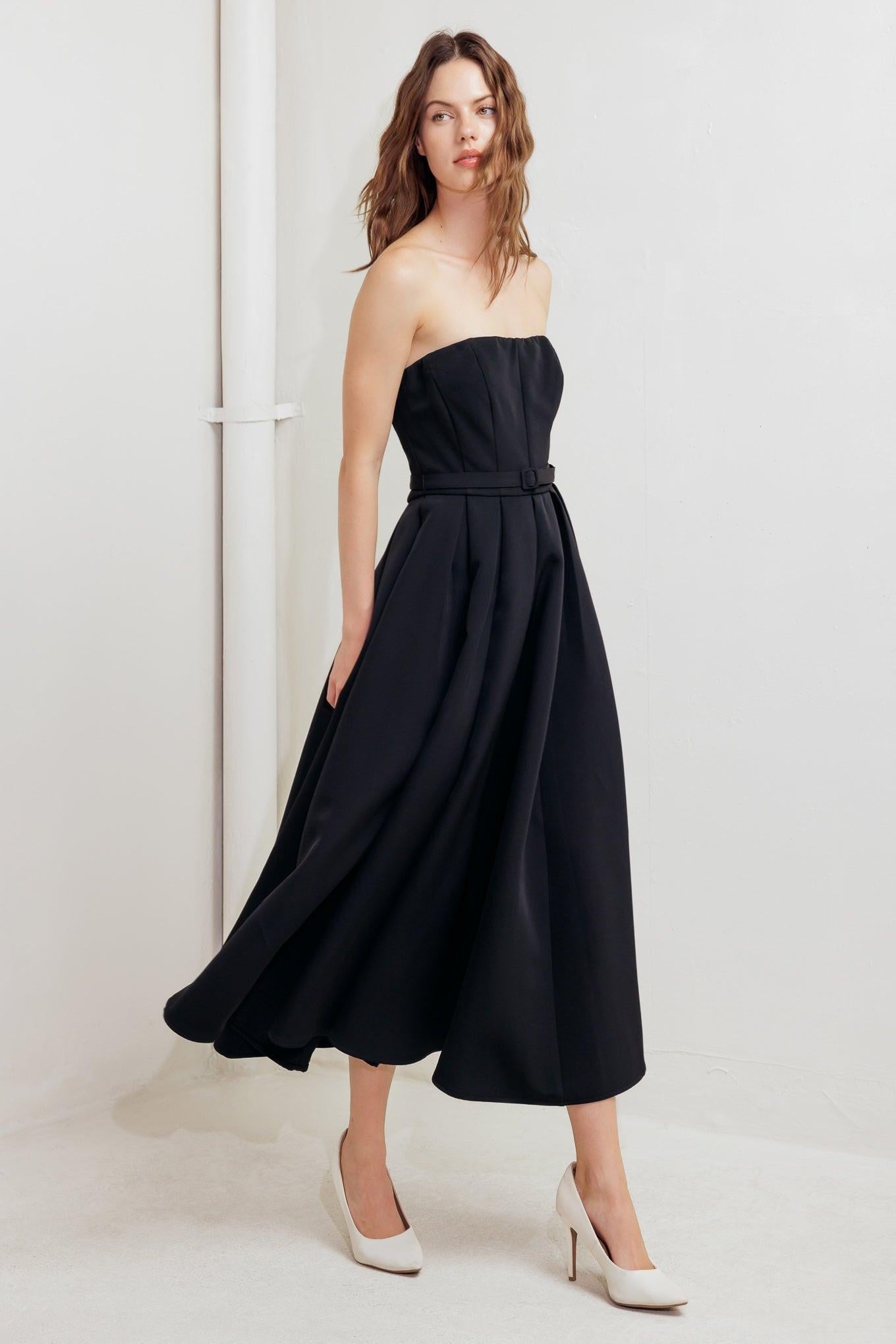 Black Tie Muse Woven Midi Dress, view 4 — Soul Flow Apparel